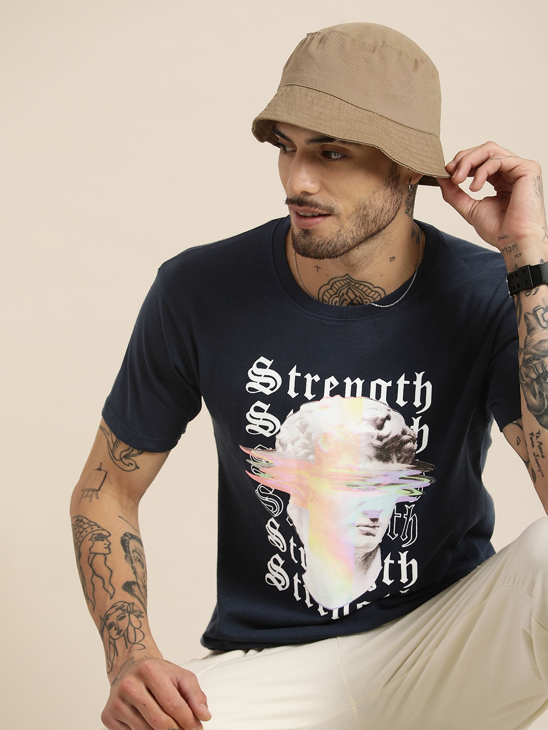 

HERE&NOW Round Neck Graphic Printed Casual T-shirt, Navy blue
