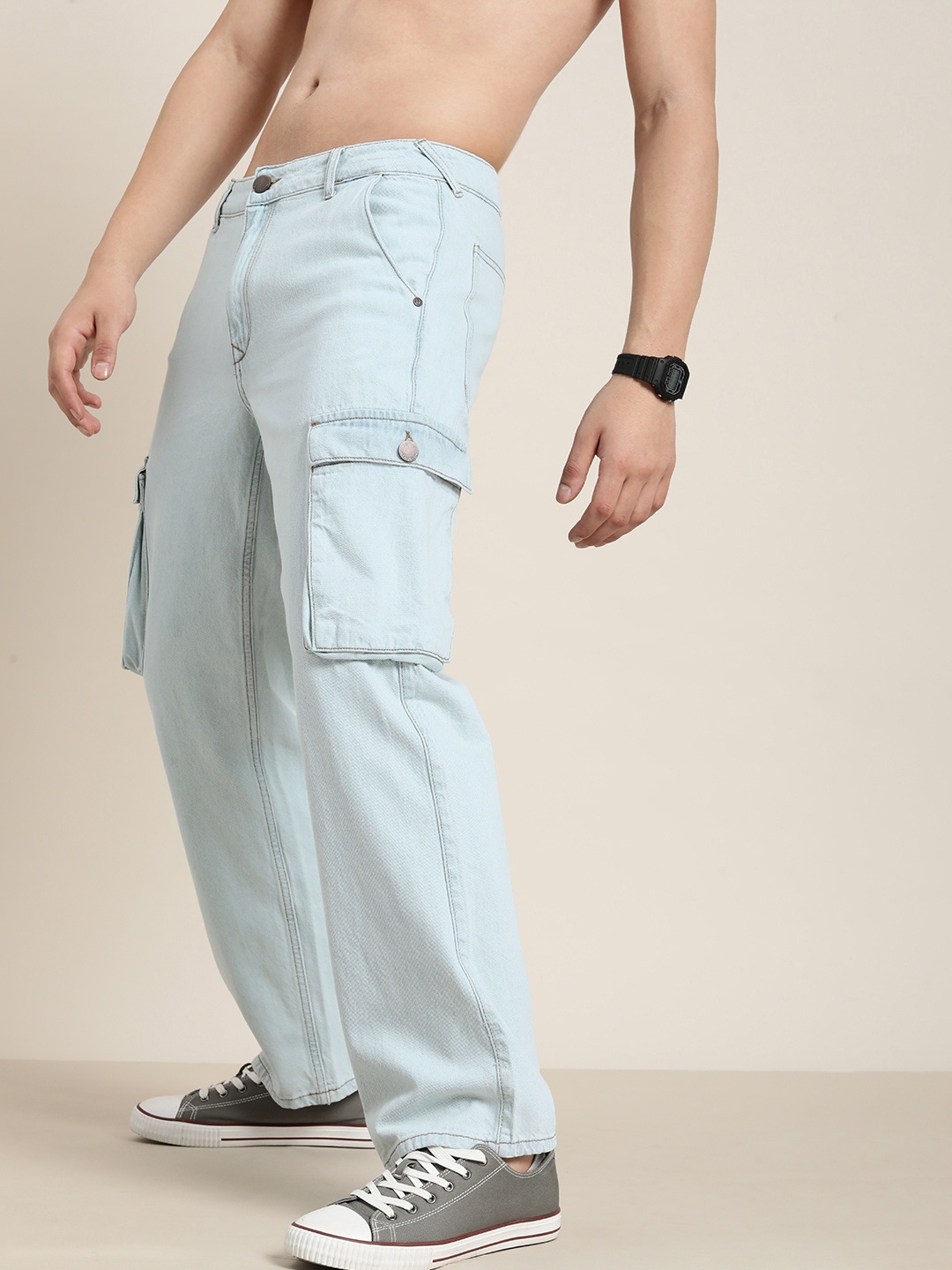 

HERE&NOW Men Pure Cotton Relaxed Fit Light Fade Mid-Rise Cargo Jeans, Blue