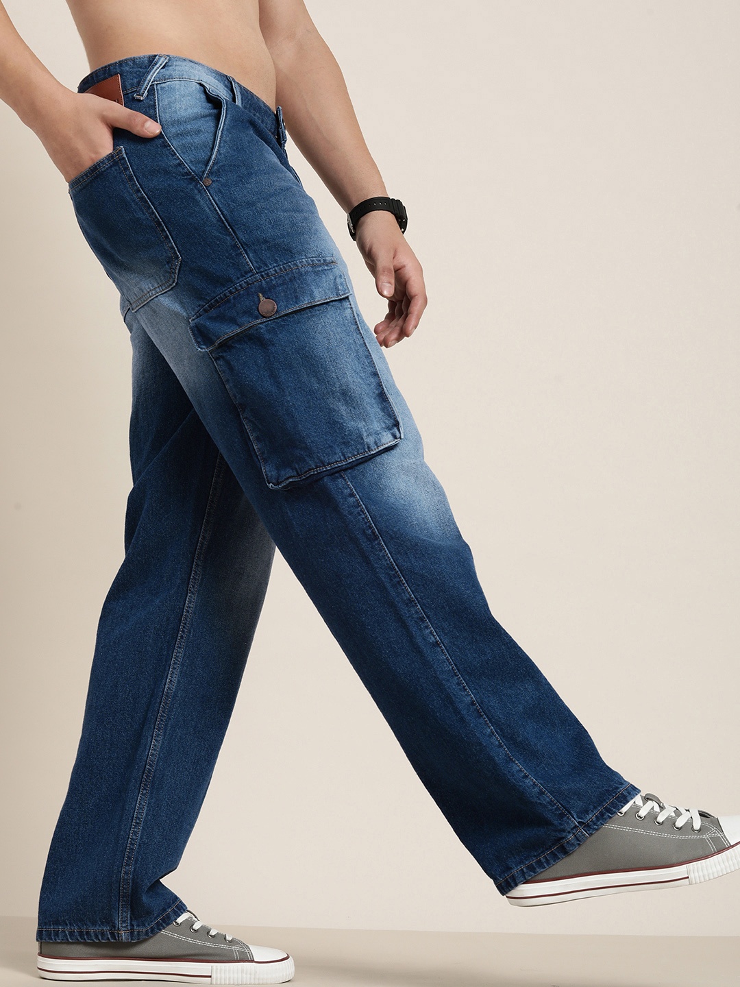 

HERE&NOW Men Pure Cotton Relaxed Fit Heavy Fade Mid-Rise Cargo Jeans, Blue