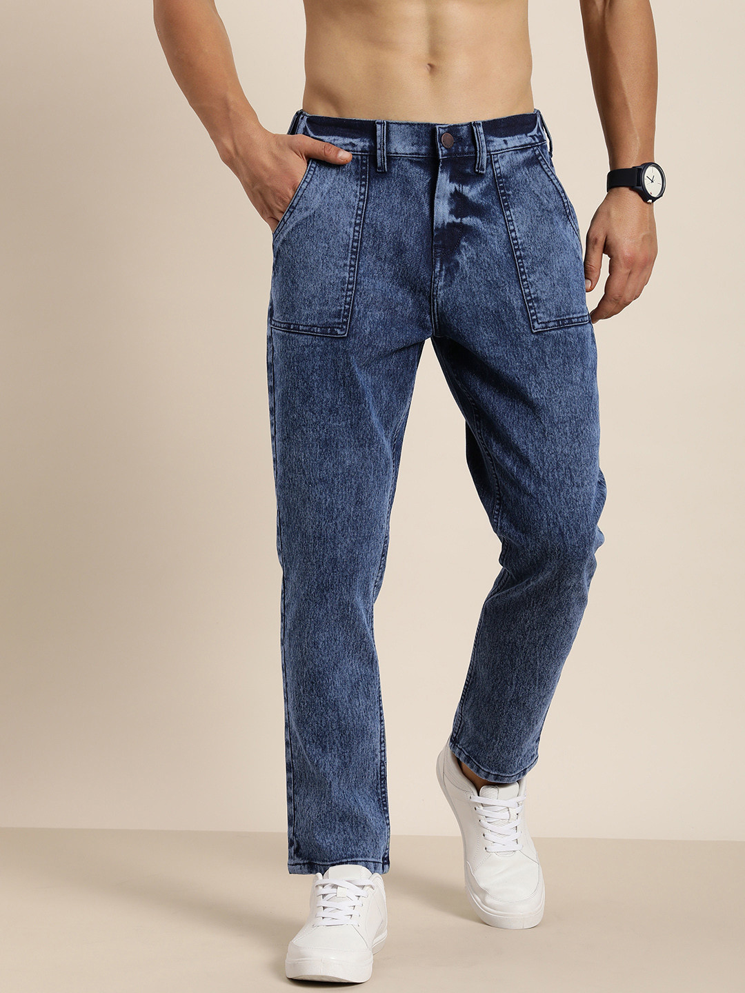 

HERE&NOW Men Heavy Fade Caribbean Fit Stretchable Mid Rise Jeans, Blue