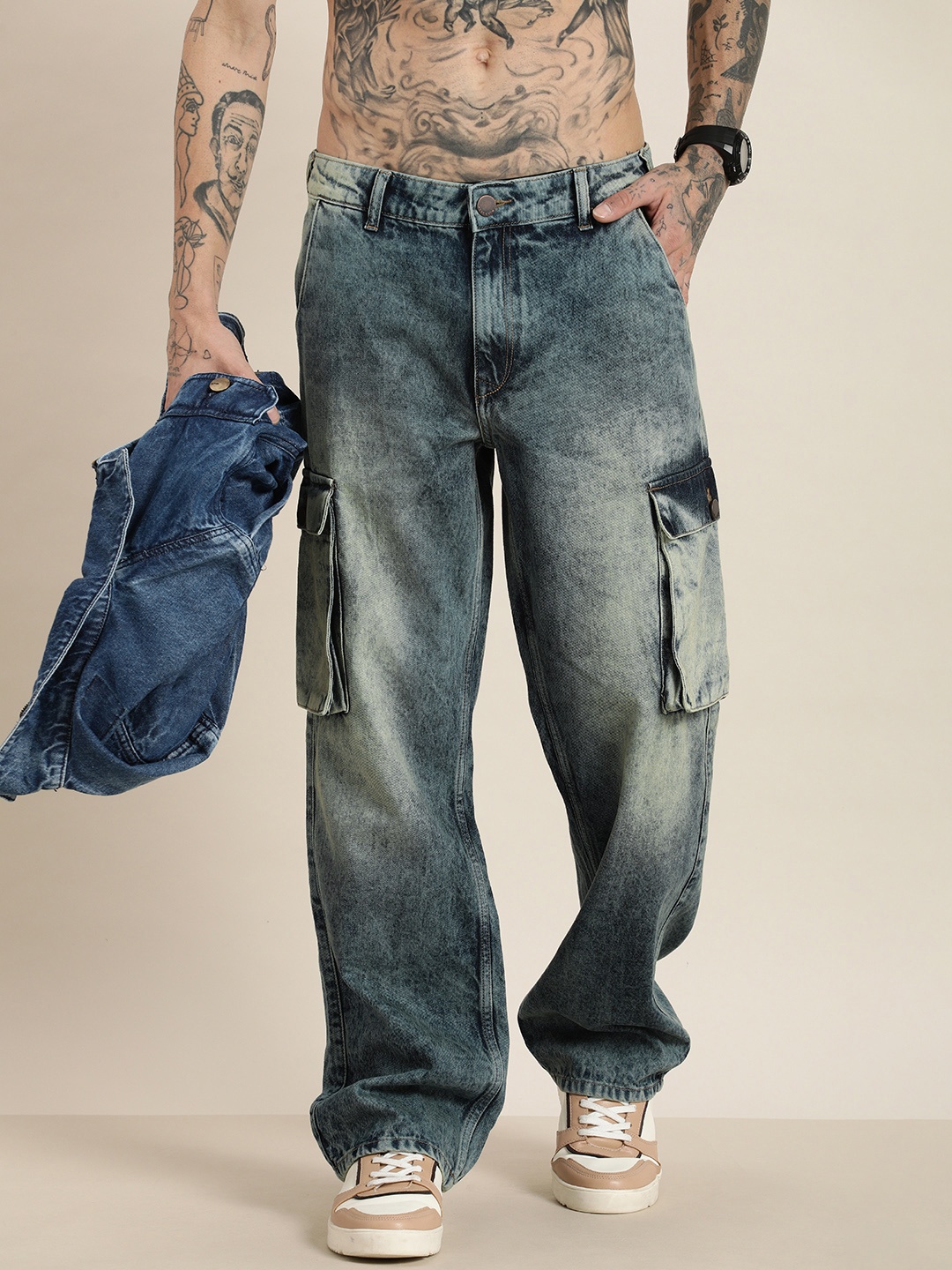 

HERE&NOW Men Relaxed Cargo Pure Cotton Heavy Fade Jeans, Blue