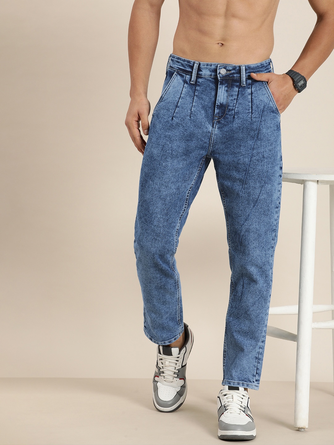 

HERE&NOW Men Carpenter Fit Mid-Rise Heavy Fade Stretchable Jeans, Blue