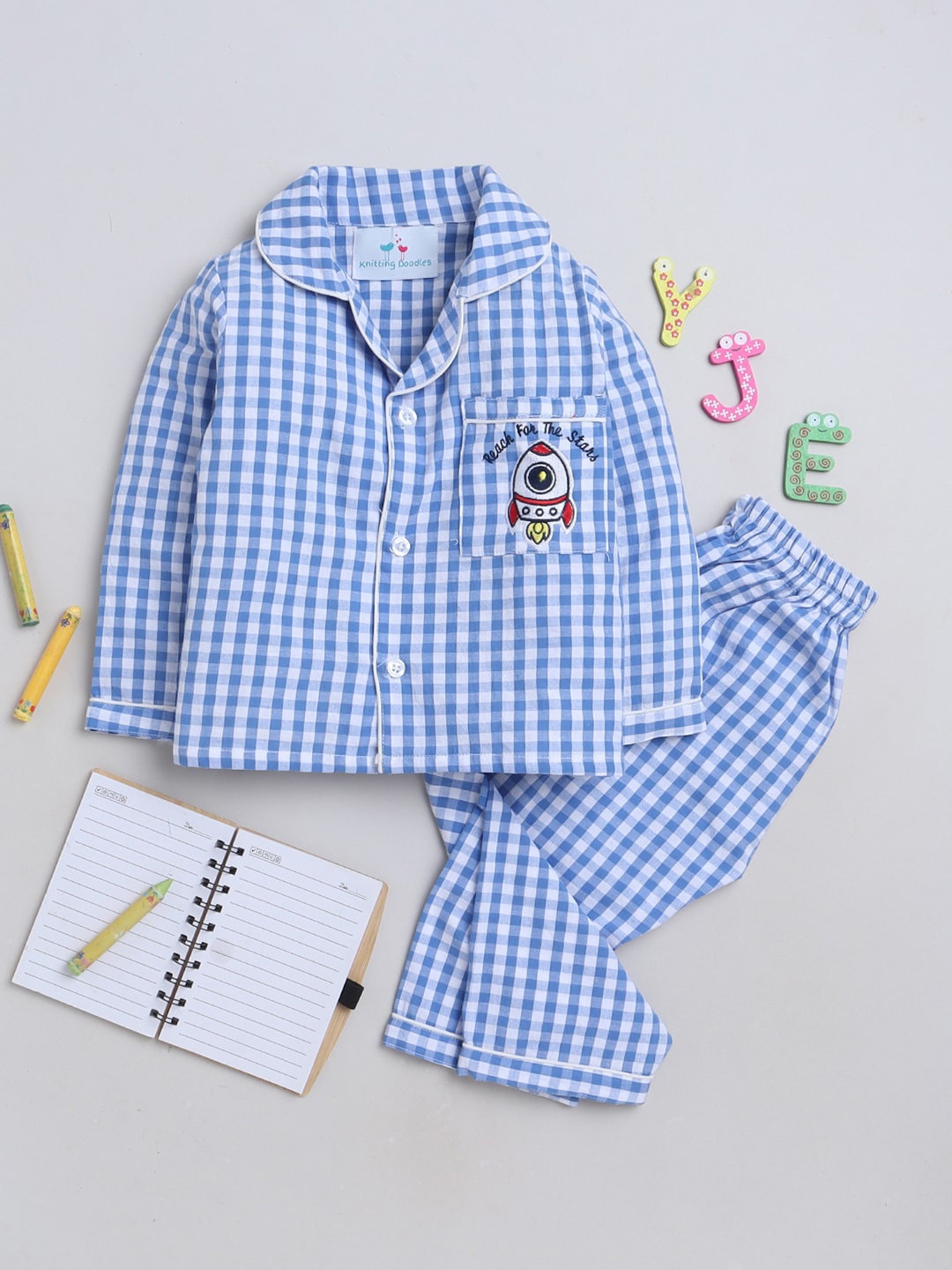 

Knitting Doodles Kids Checked Lapel Collar Night suit, Blue
