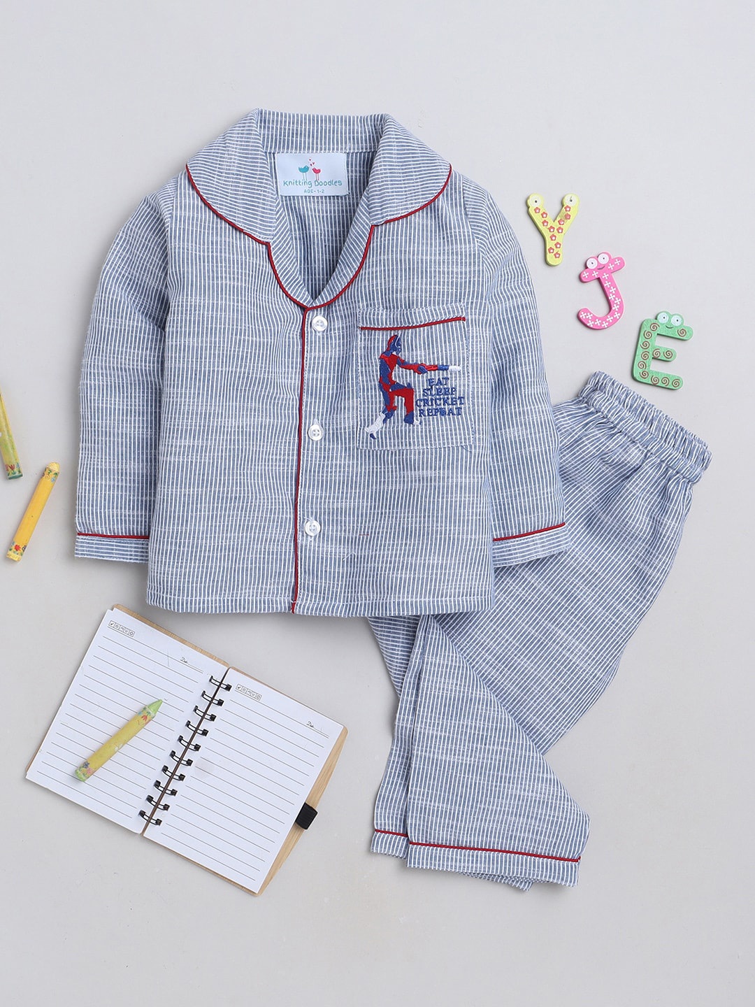 

Knitting Doodles Kids Striped Night Suit, Grey