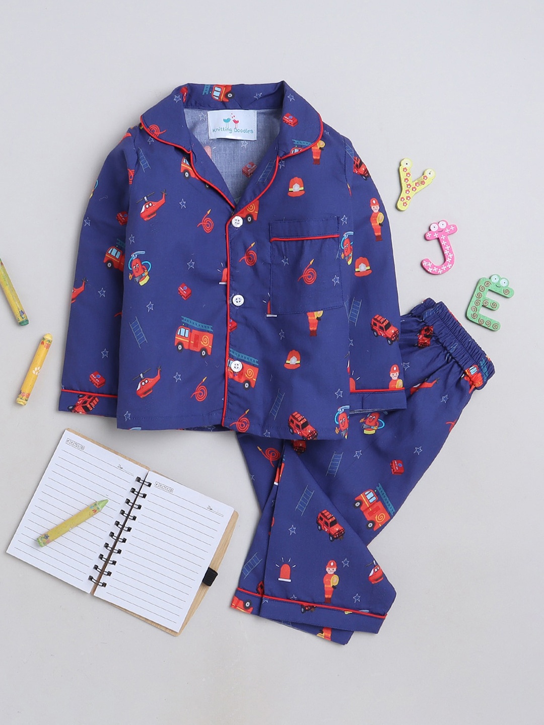 

Knitting Doodles Kids Conversational Printed Lapel Collar Night suit, Blue