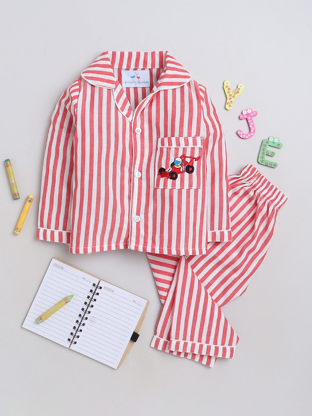 

Knitting Doodles Kids Striped Night Suit, Red