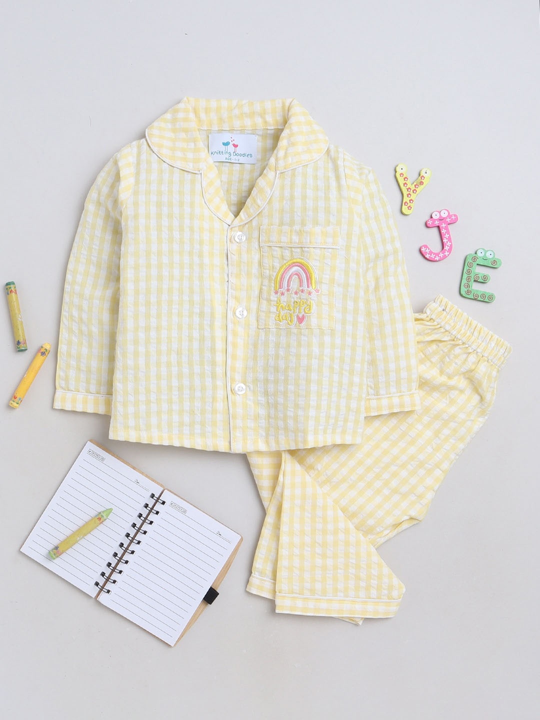 

Knitting Doodles Kids Checked Shirt With Pyjamas, Yellow