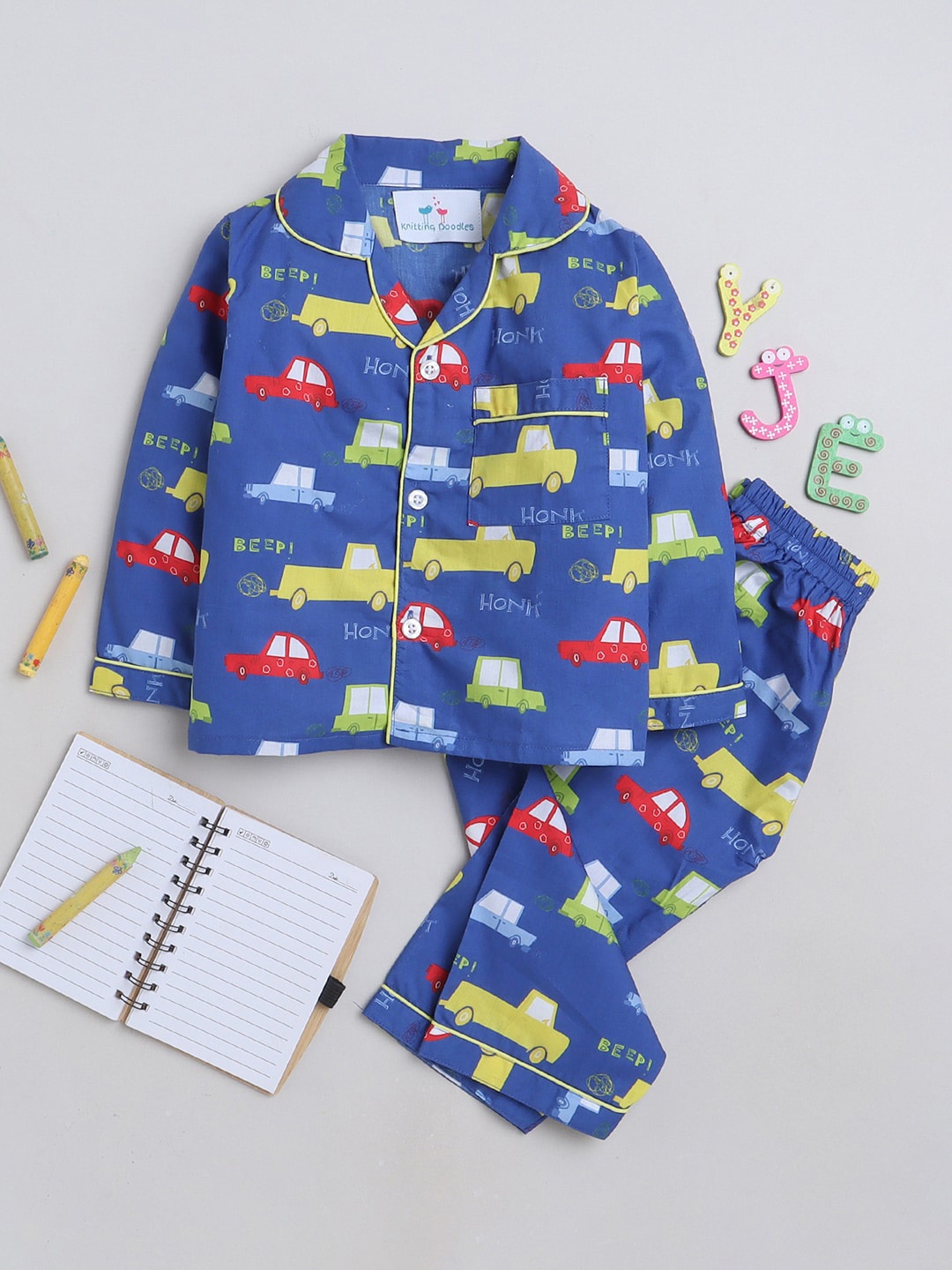 

Knitting Doodles Kids Conversational Printed Night Suit, Blue