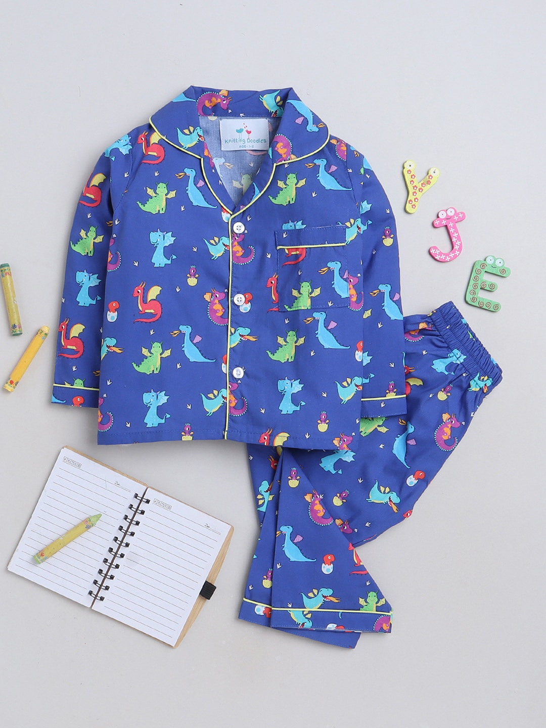 

Knitting Doodles Kids Conversational Printed Shirt With Pyjamas, Blue