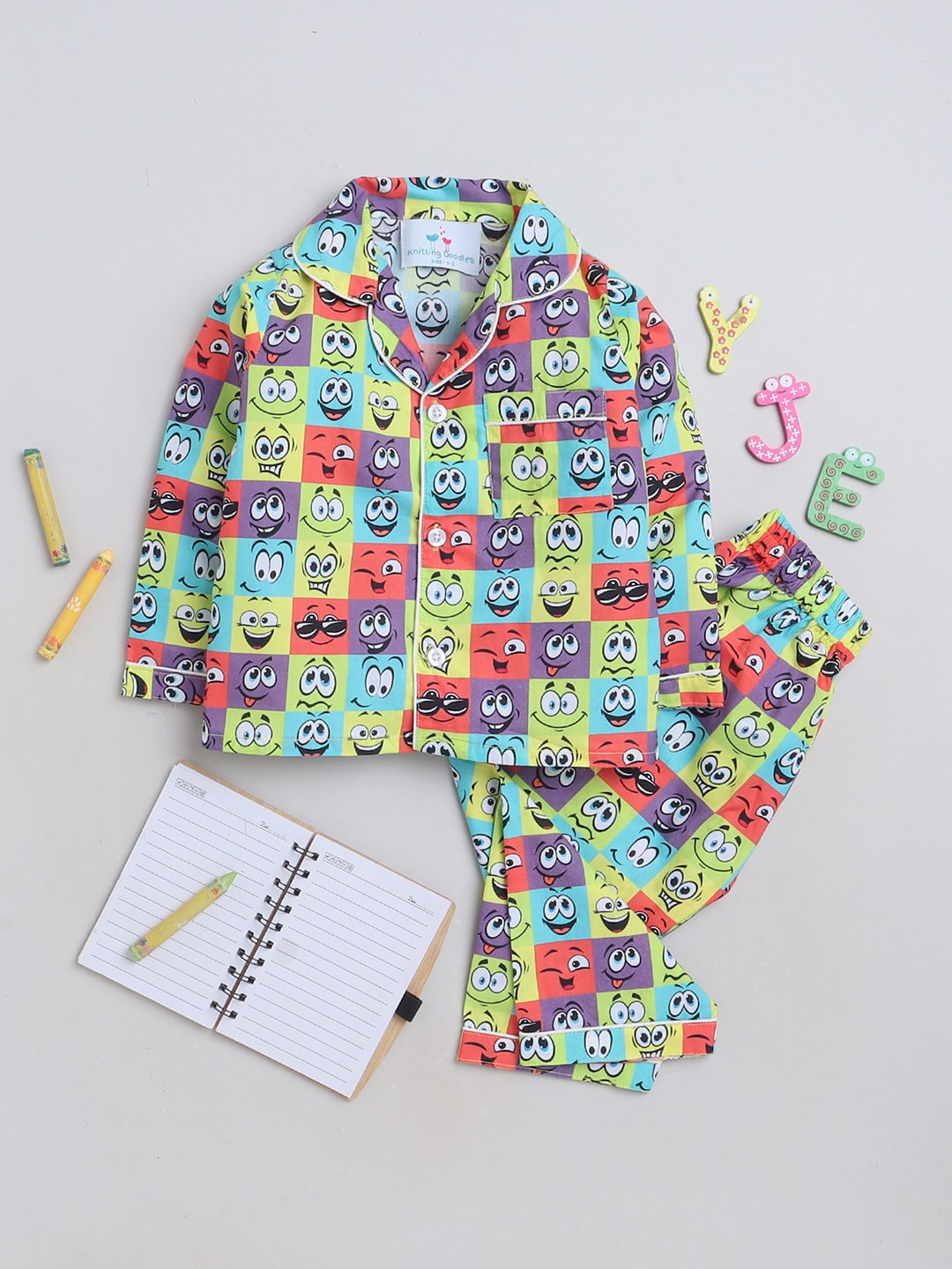 

Knitting Doodles Kids Conversational Printed Shirt With Pyjamas, Red