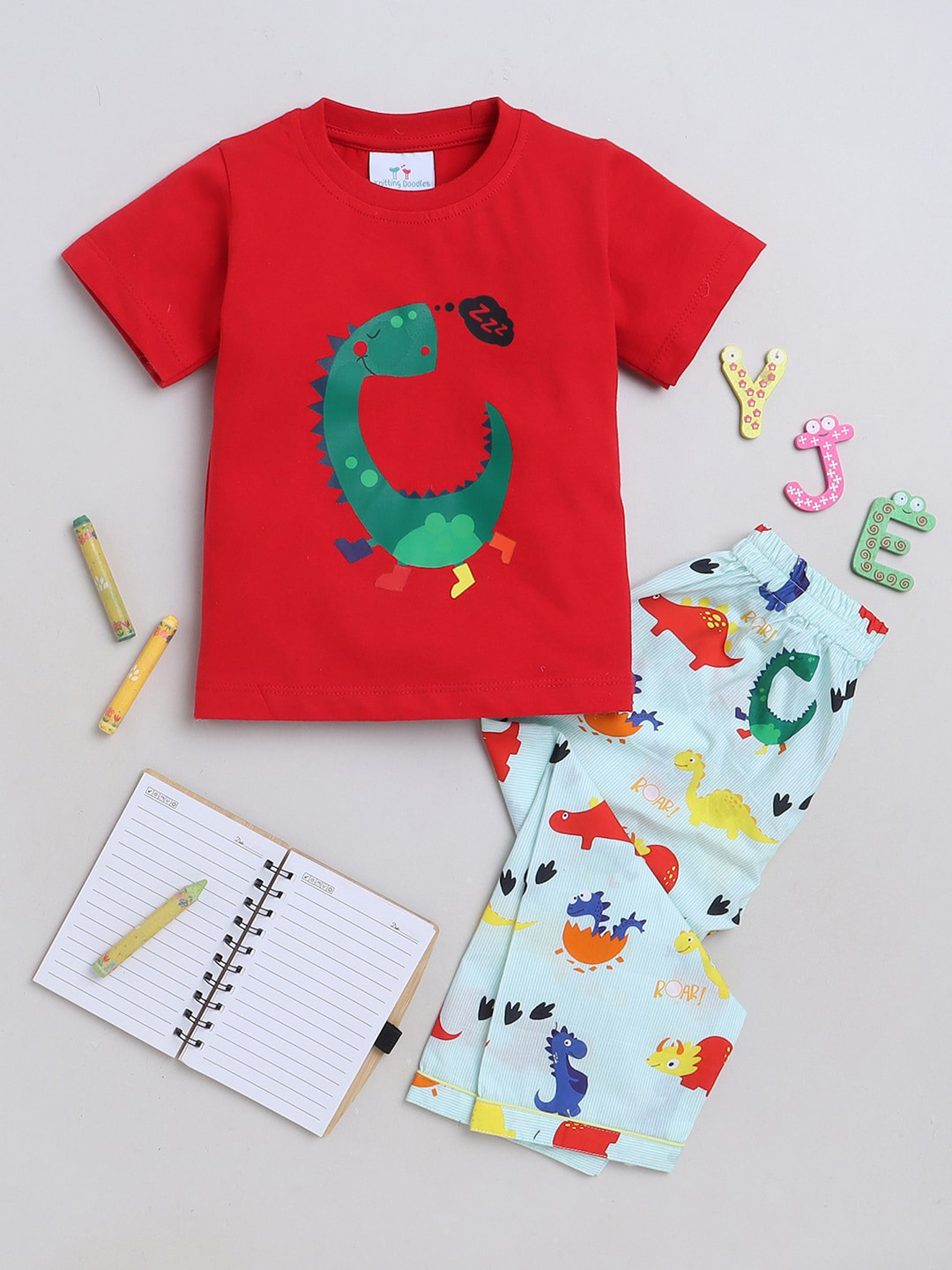 

Knitting Doodles Kids Graphic Printed Night suit, Red