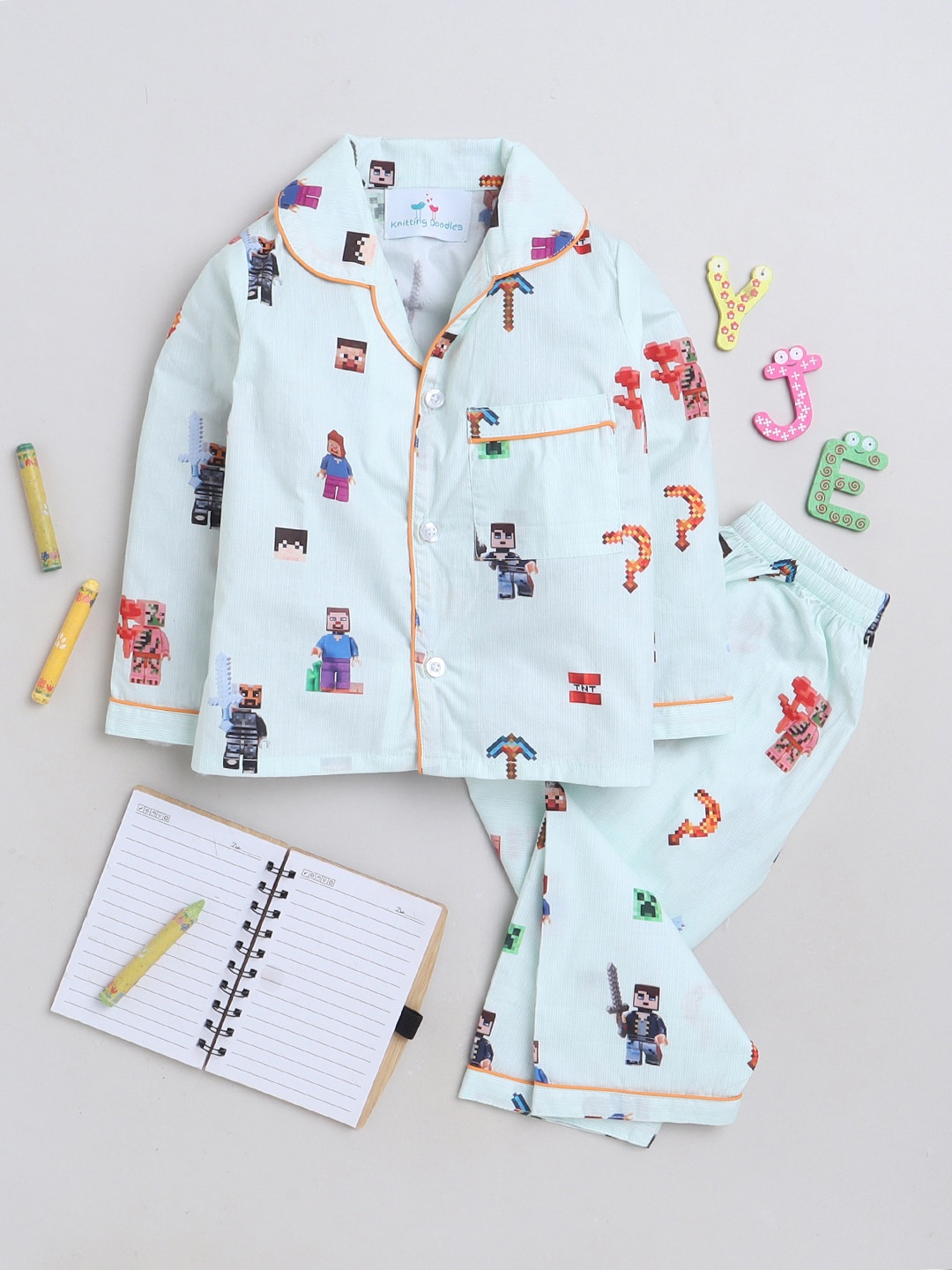 

Knitting Doodles Kids Graphic Printed Night Suit, Blue