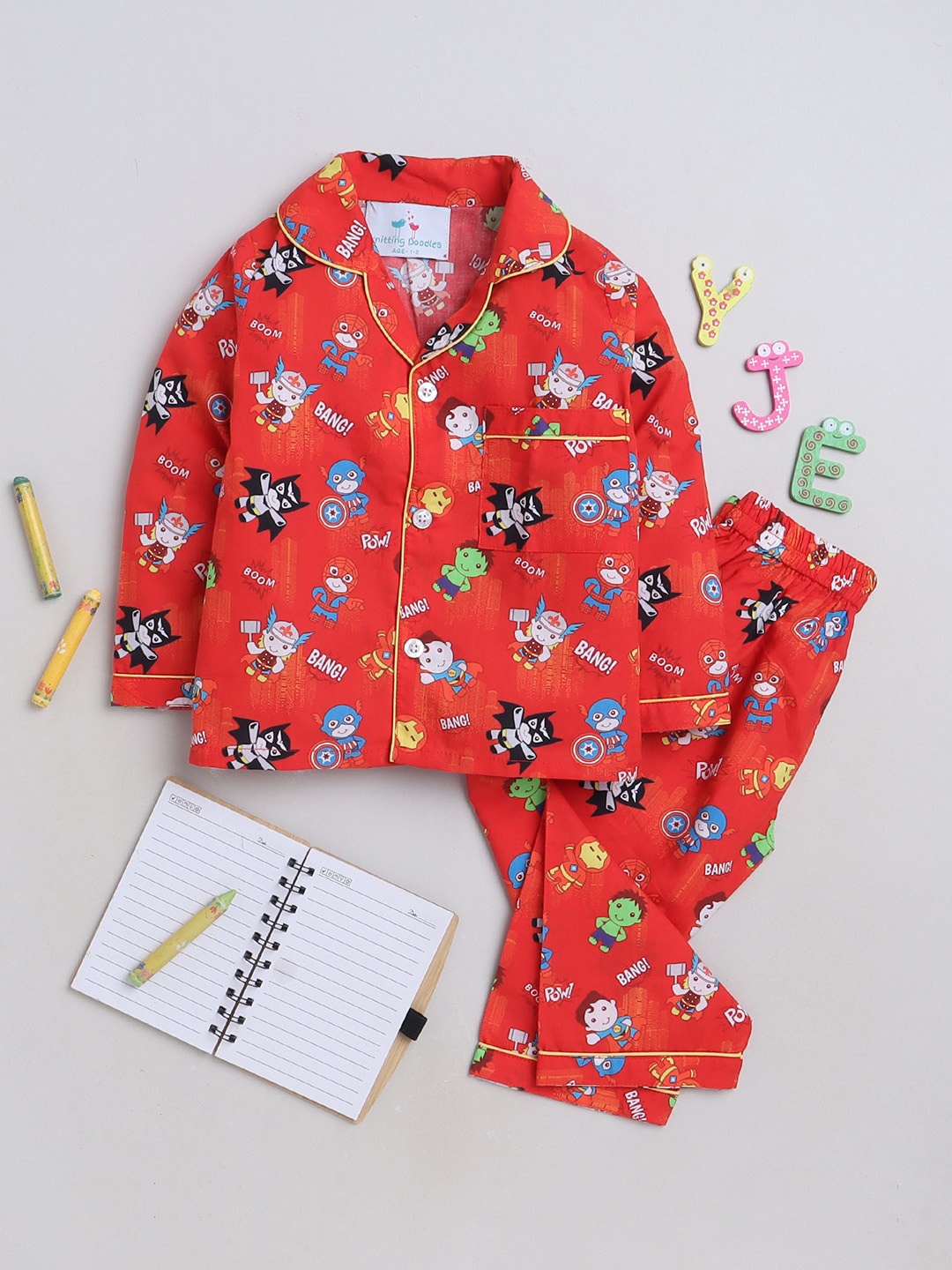 

Knitting Doodles Kids Cartoon Characters Printed Shirt With Pyjamas, Red