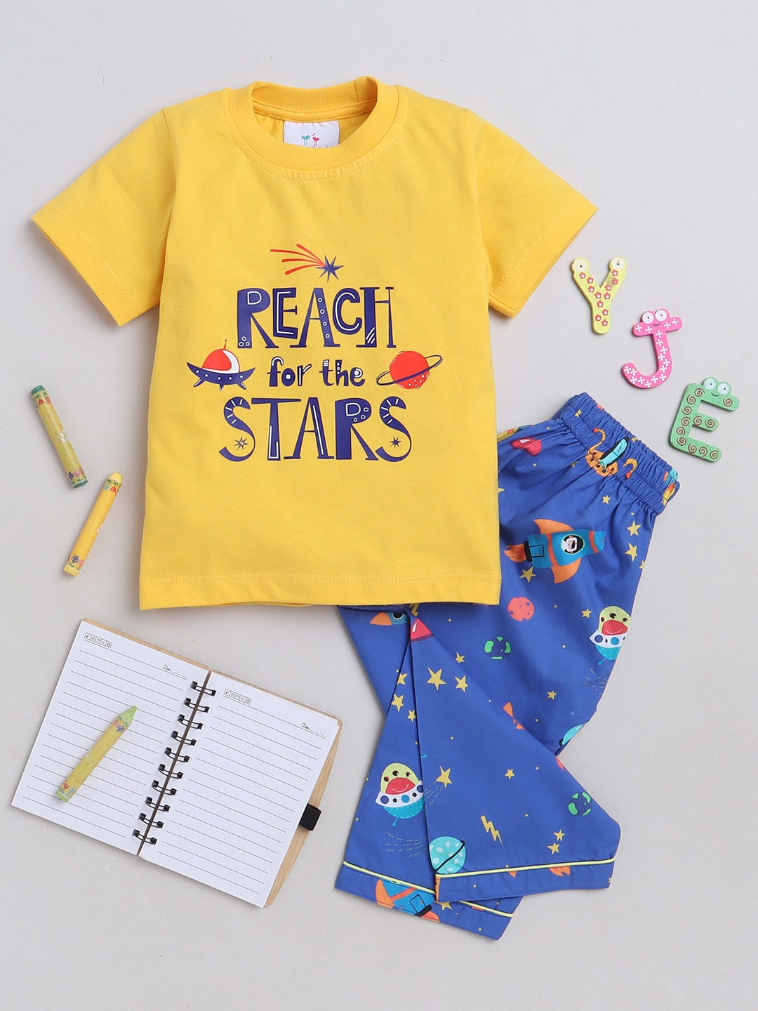 

Knitting Doodles Kids Printed Night Suit, Yellow