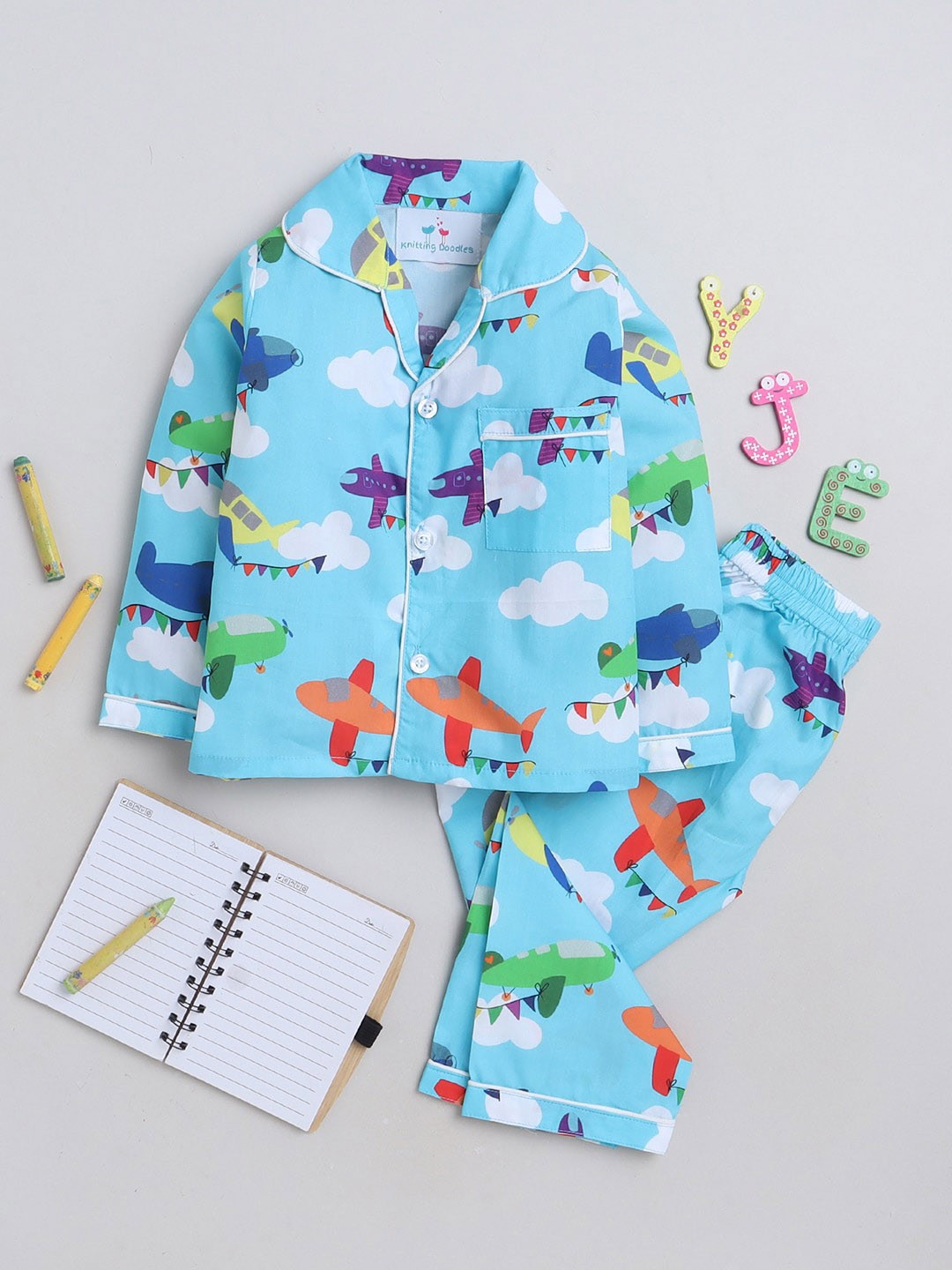 

Knitting Doodles Kids Conversational Printed Shirt With Pyjamas, Blue
