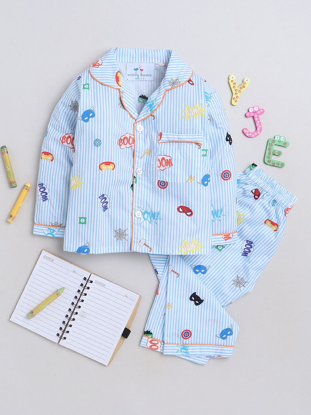 

Knitting Doodles Kids Conversational Printed Shirt With Pyjamas, Blue