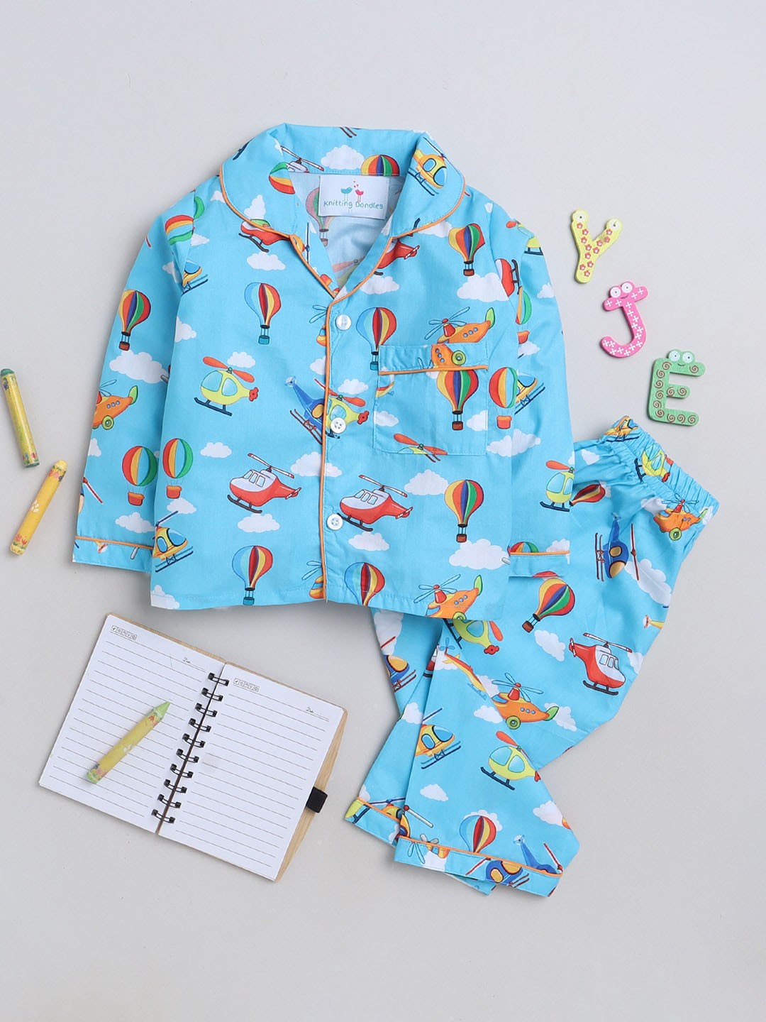 

Knitting Doodles Kids Conversational Printed Shirt With Pyjamas, Blue