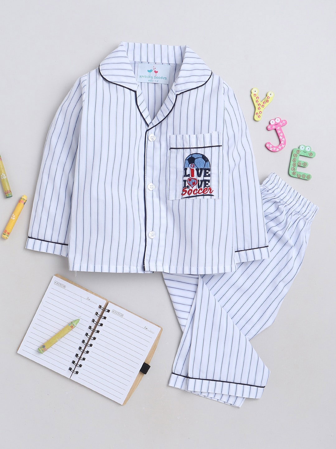 

Knitting Doodles Kids Striped Night Suit, White