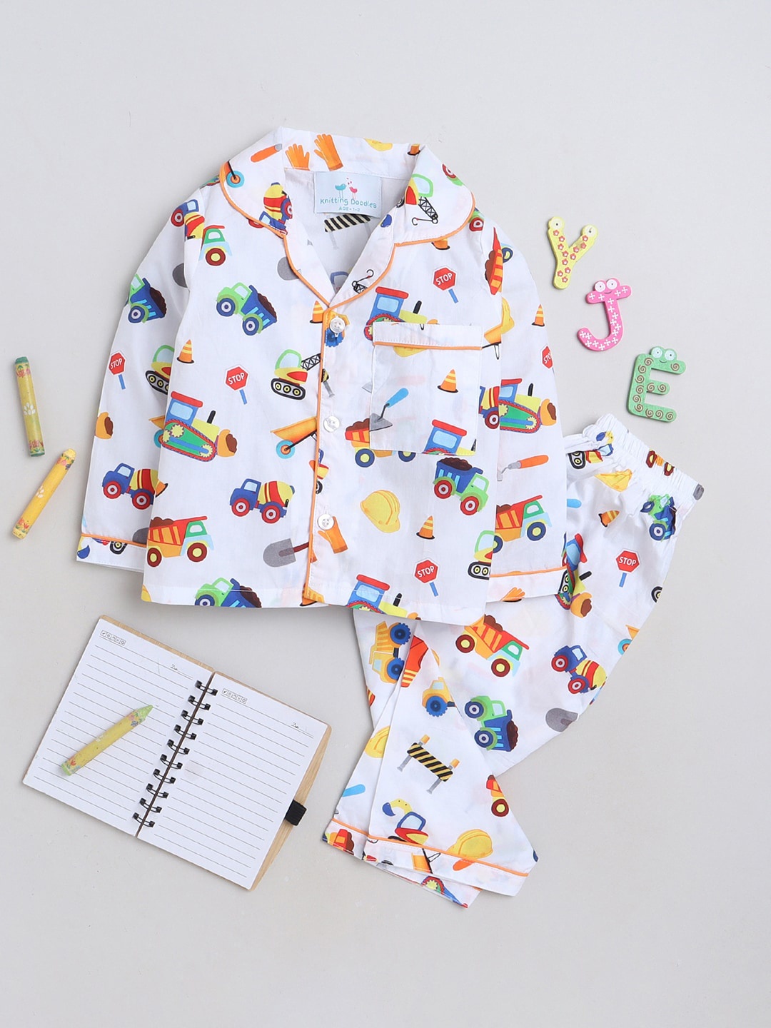 

Knitting Doodles Kids Conversational Printed Night Suit, White
