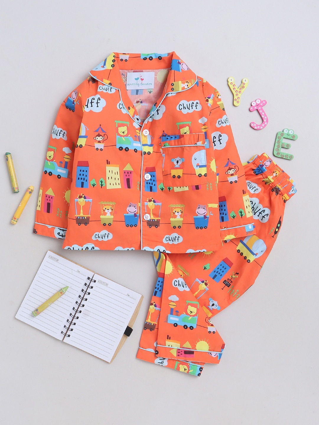 

Knitting Doodles Kids Conversational Printed Lapel Collar Night suit, Orange
