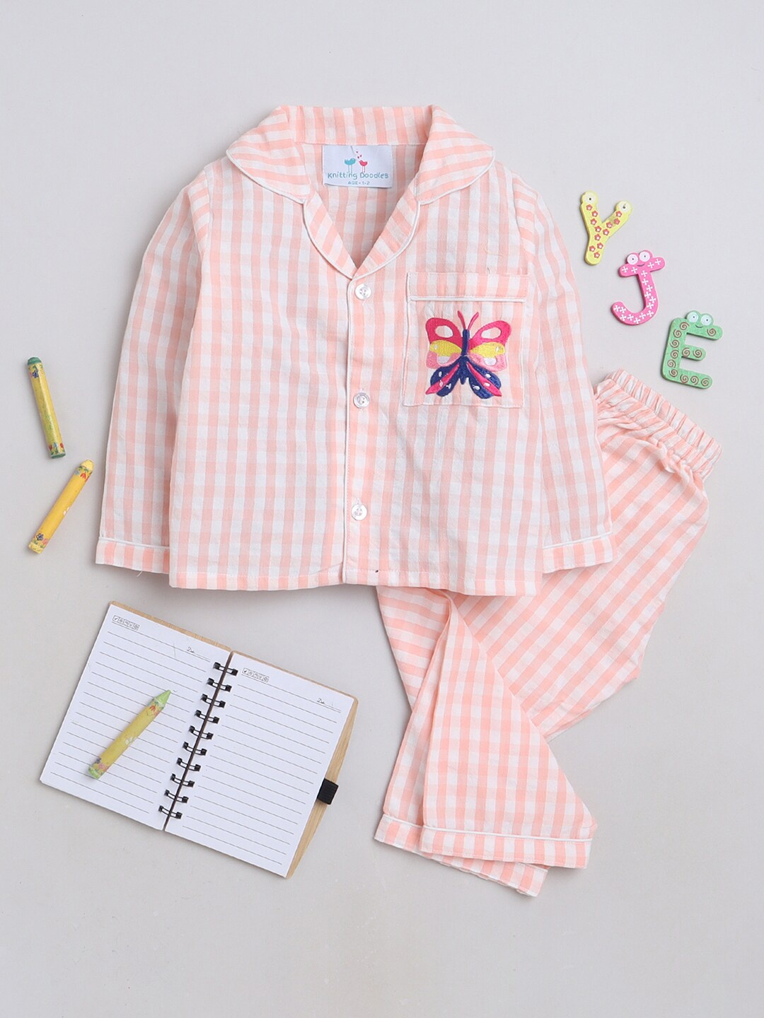 

Knitting Doodles Girls Striped Shirt With Pyjamas, Pink