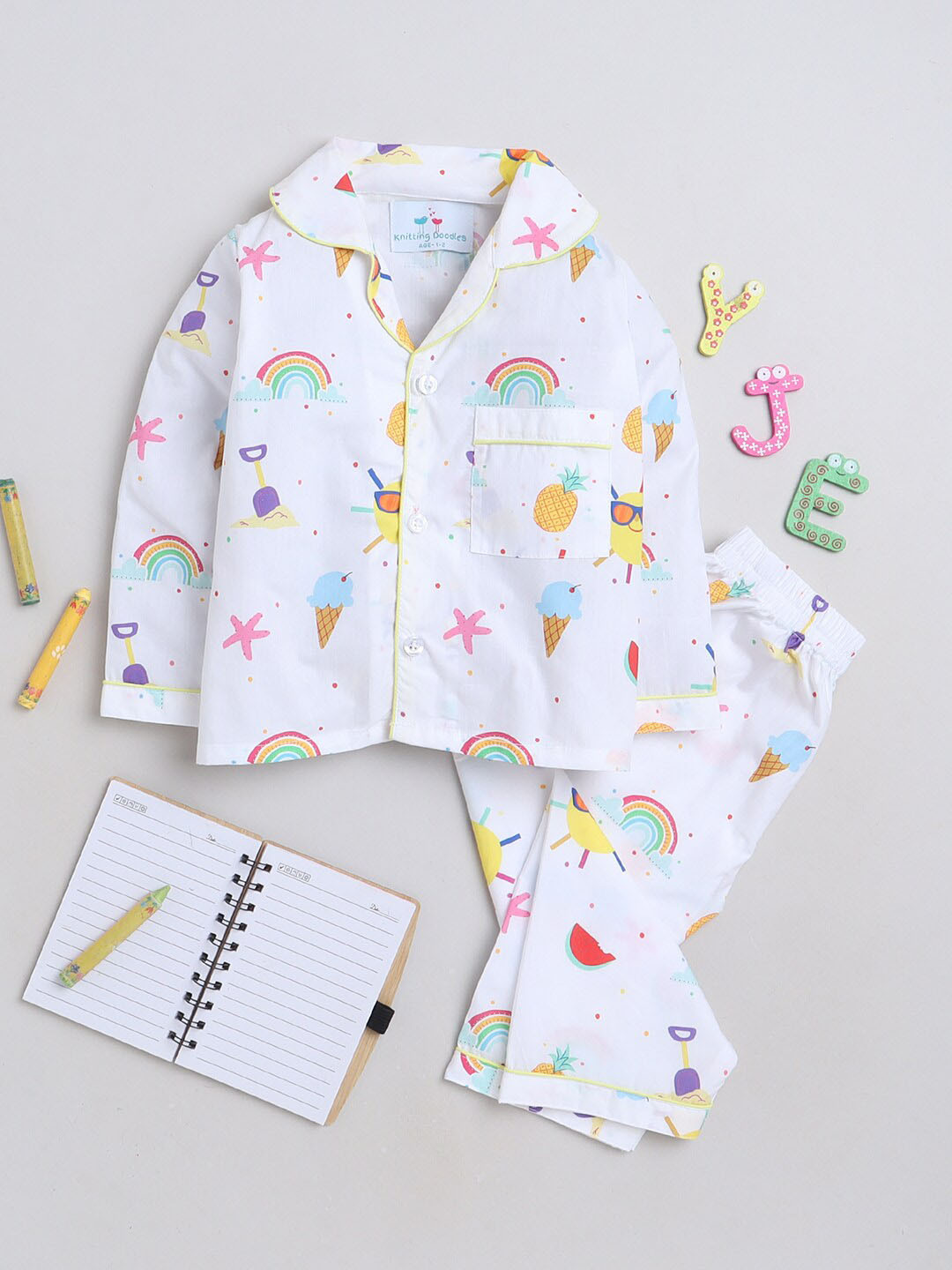 

Knitting Doodles Kids Conversational Printed Shirt With Pyjamas, White