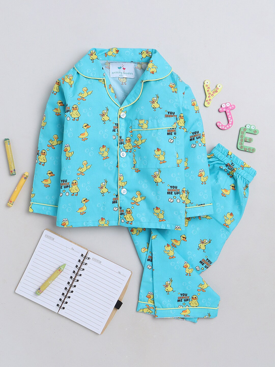 

Knitting Doodles Kids Conversational Printed Night Suit, Turquoise blue