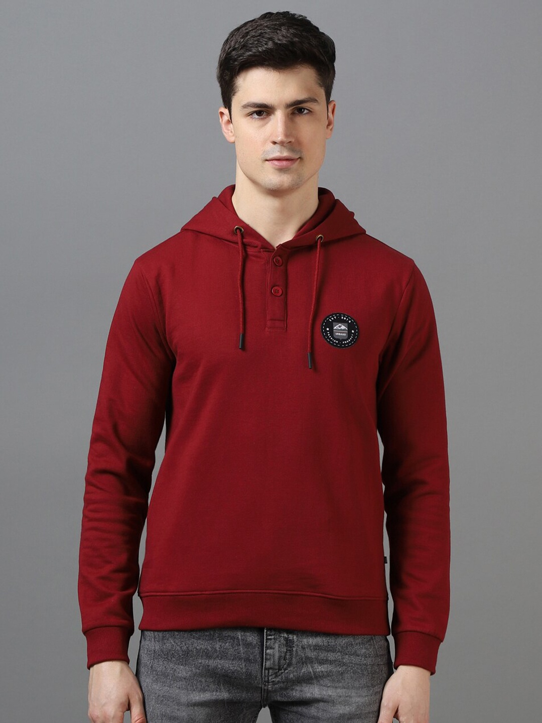 

Urbano Fashion Cotton Solid Button Hooded Neck Sweatshirt, Maroon