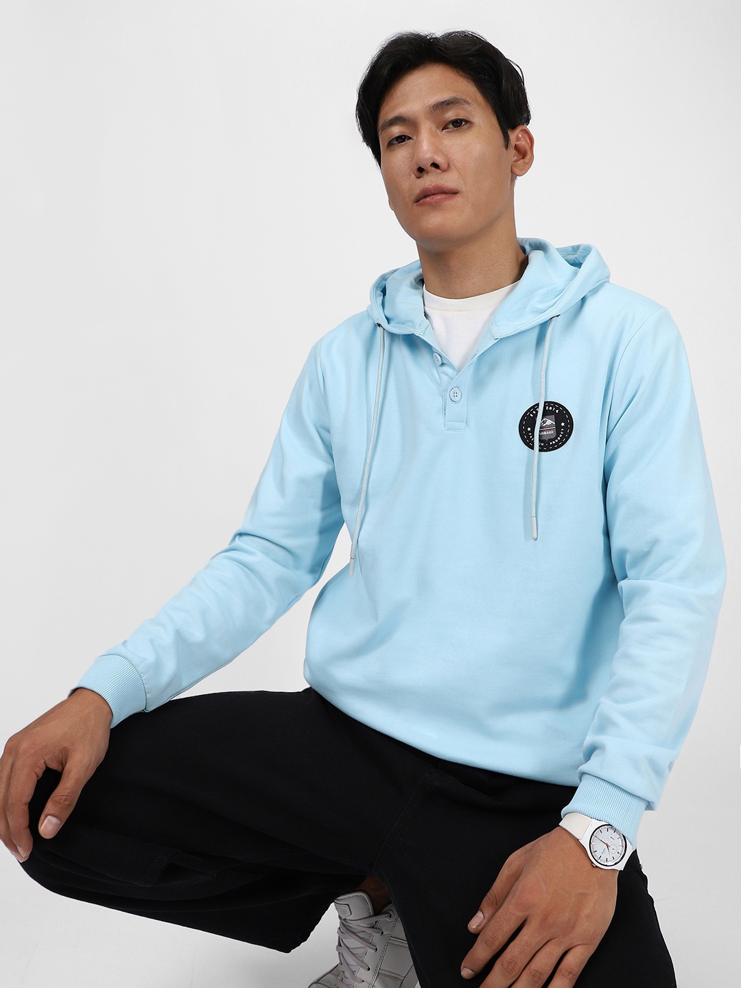 

Urbano Fashion Cotton Solid Button Hooded Neck Sweatshirt, Blue
