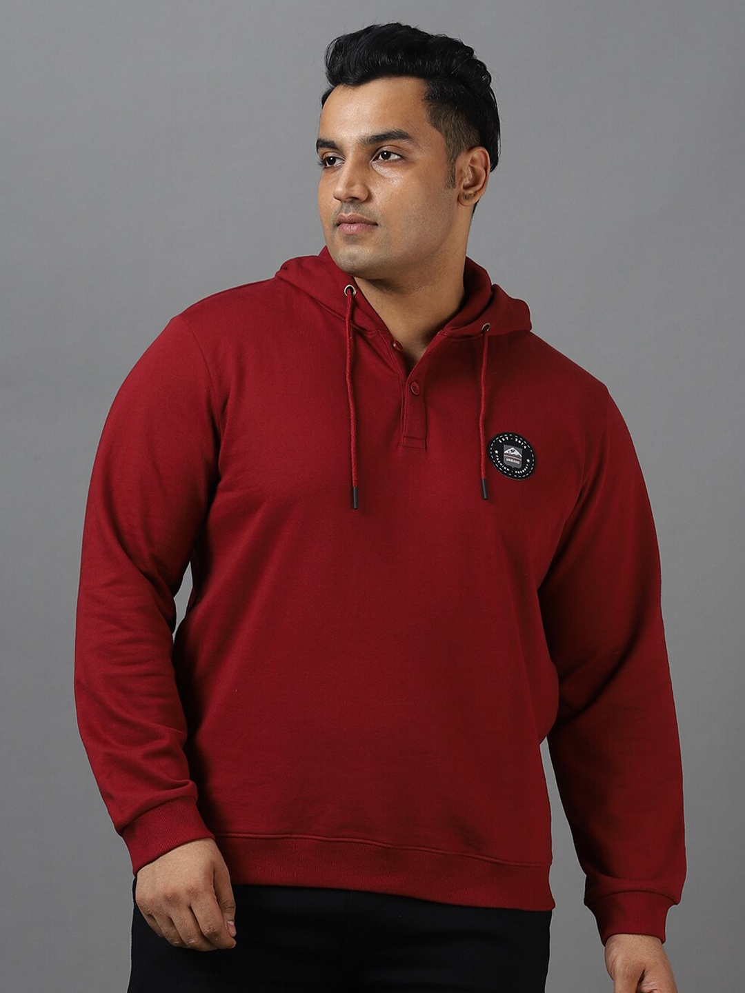 

Urbano Plus Size Cotton Solid Button Hooded Neck Sweatshirt, Maroon