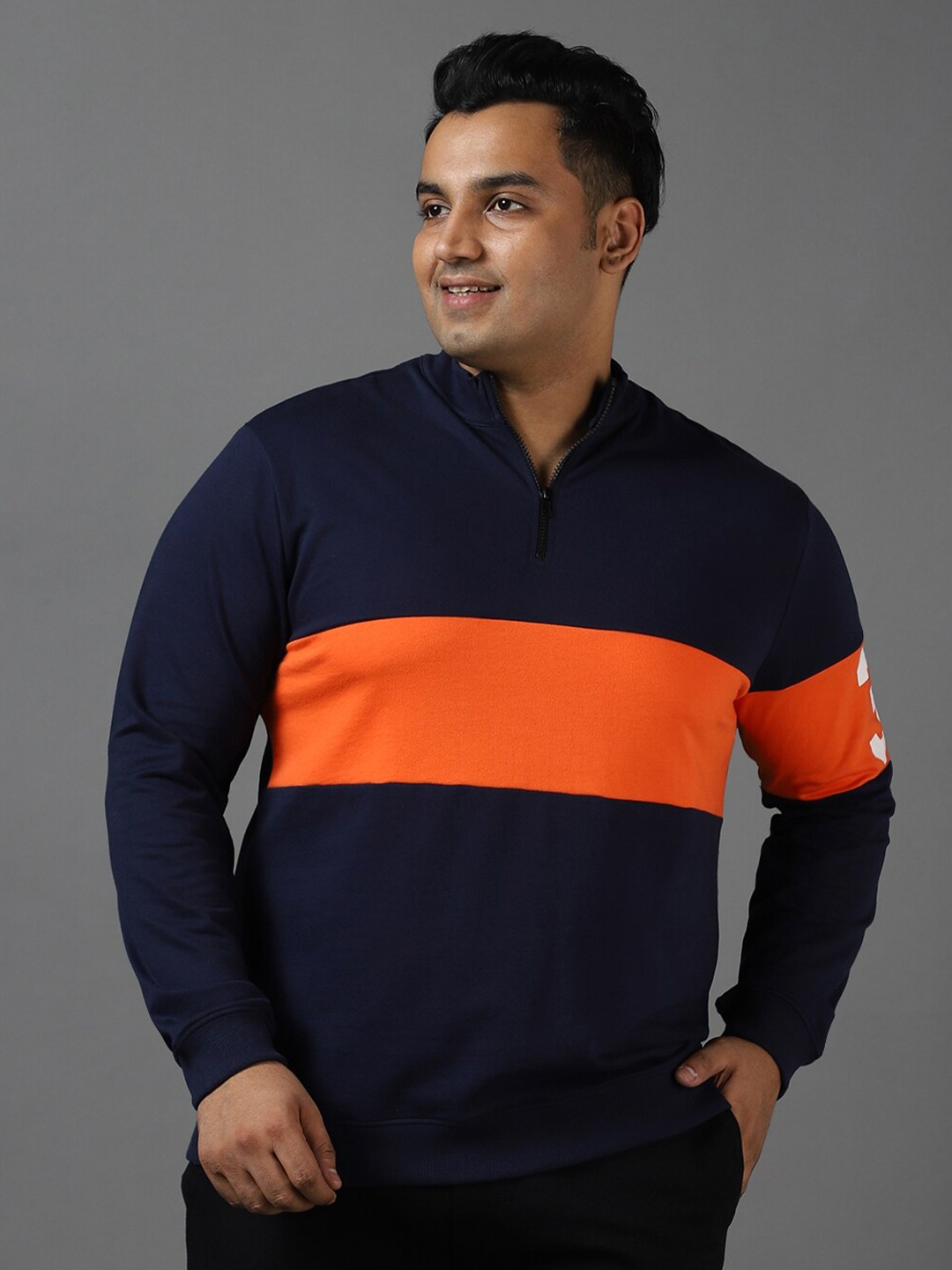 

Urbano Plus Plus Size Colourblocked Cotton Round Neck Sweatshirt, Navy blue