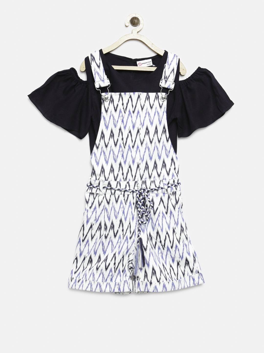 

Peppermint Girls Navy & Off-White Solid Top with Chevron Print Dungarees