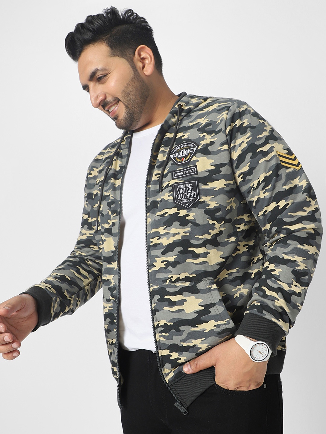 

Urbano Plus Size Cotton Camouflage Printed Hooded Neck Sweatshirt, Grey