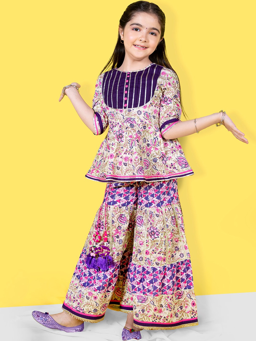 

Naughty Ninos Girls Ethnic Motifs Printed Pleated Gotta Patti Kurta with Sharara, Beige