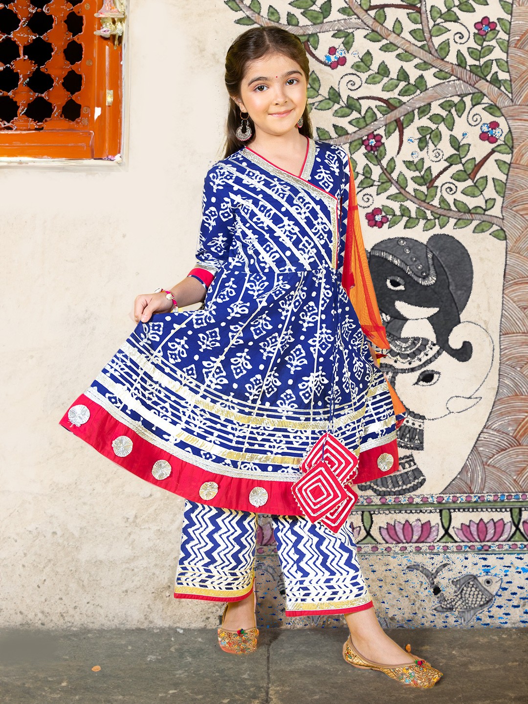

Naughty Ninos Girls Ethnic Motifs Printed Angrakha Kurta with Pyjamas & With Dupatta, Blue