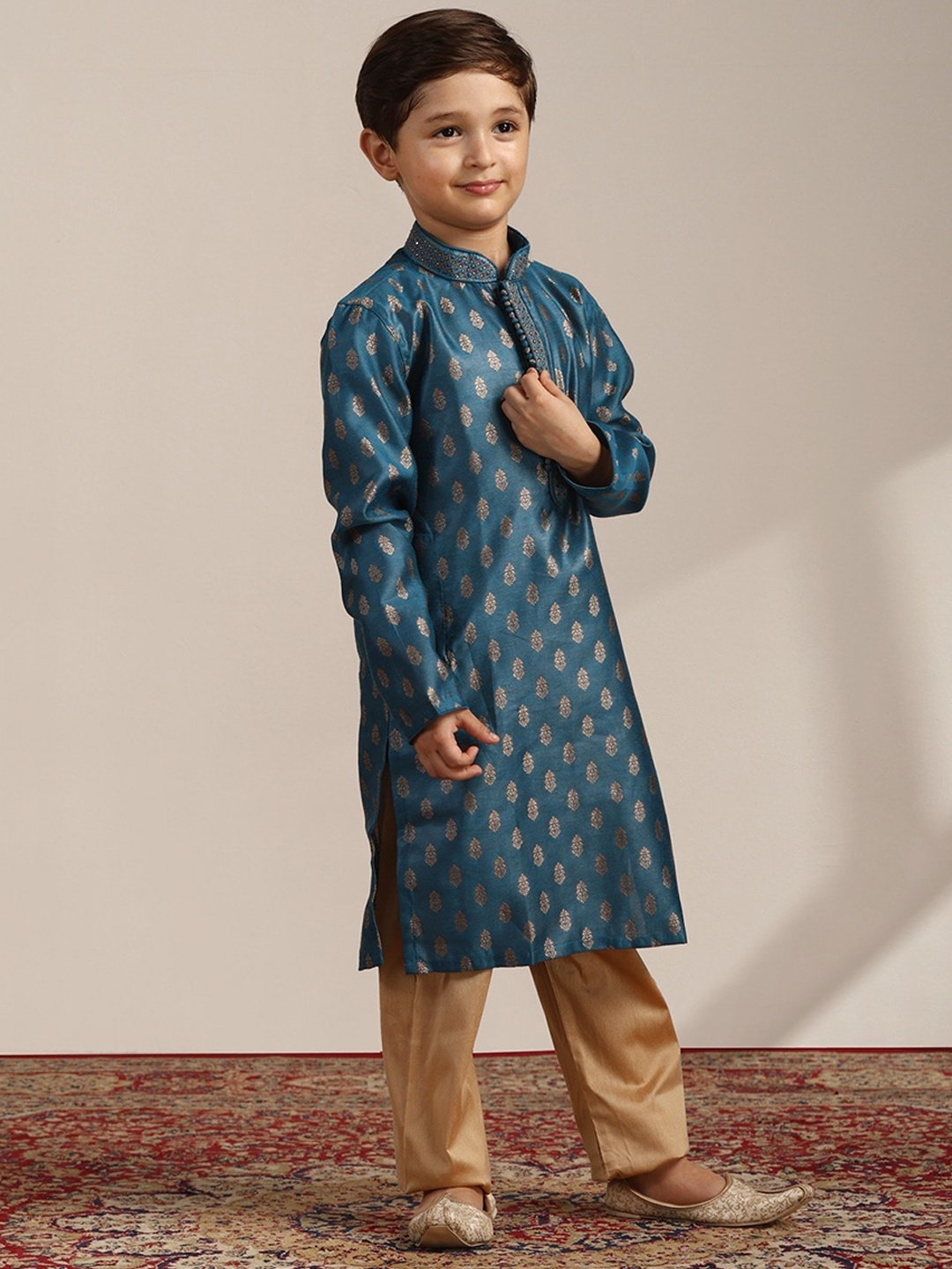 

Manyavar Boys Woven Design Mandarin Collar Kurta with Pyjamas, Blue