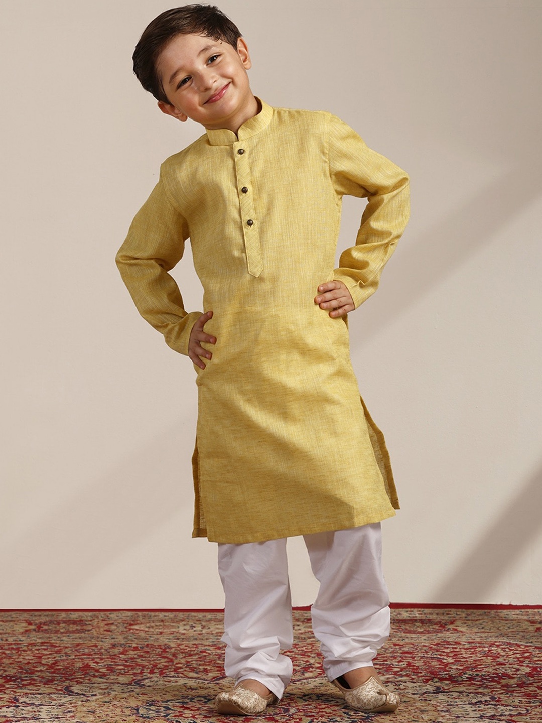 

Manyavar Boys Woven Design Mandarin Collar Kurta With Pyjamas, Yellow