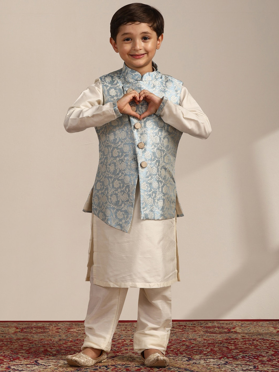 

Manyavar Boys Woven Design Mandarin Collar Kurta And Pyjamas With Jacket, Blue