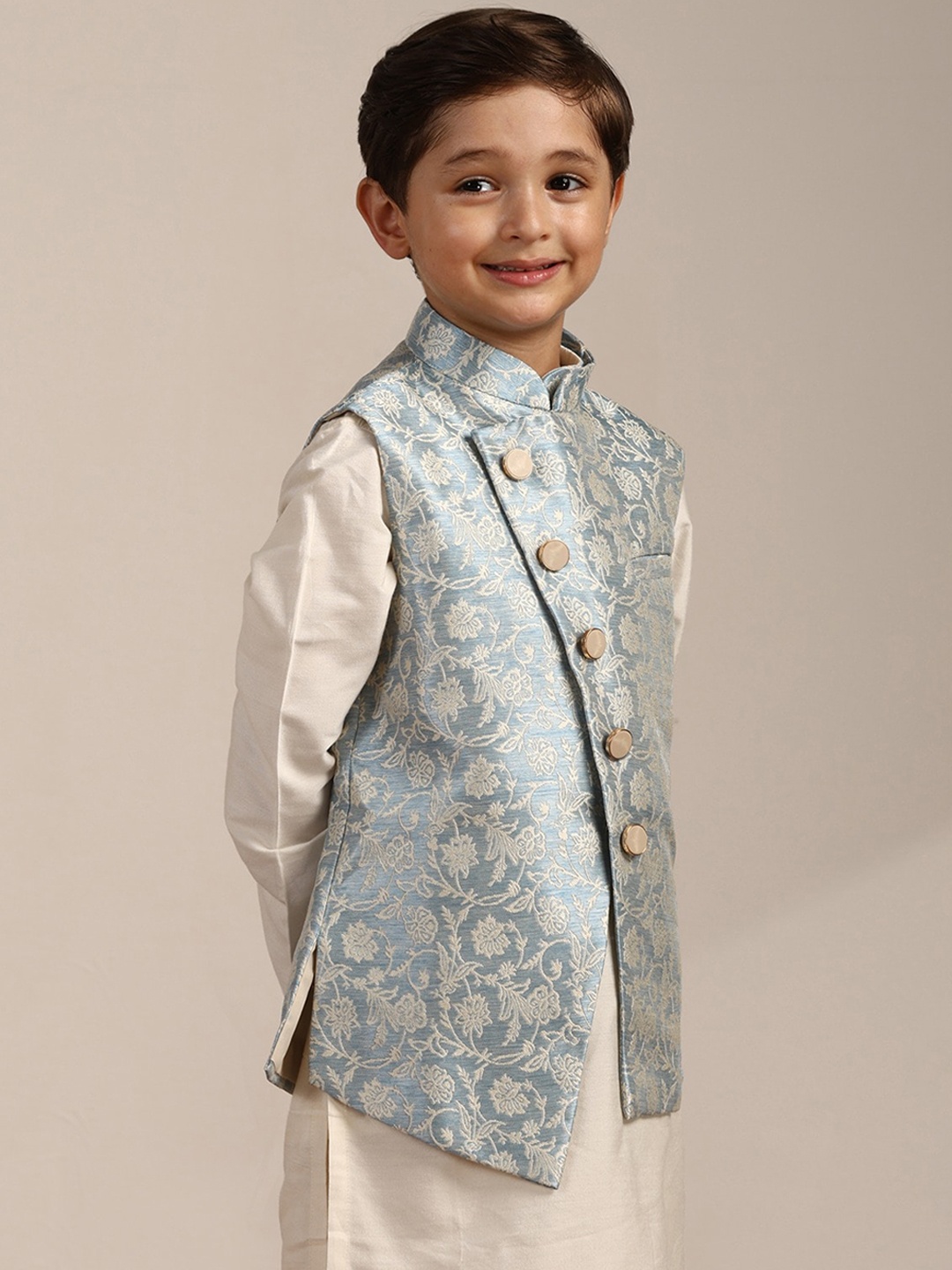 

Manyavar Boys Mandarin Collar Brocade Kurta with Pyjamas and Woven Design Nehru jacket, White