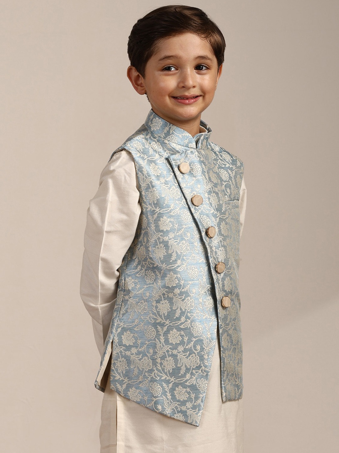 

Manyavar Boys Mandarin Collar Brocade Kurta with Pyjamas and Woven Design Nehru jacket, Blue