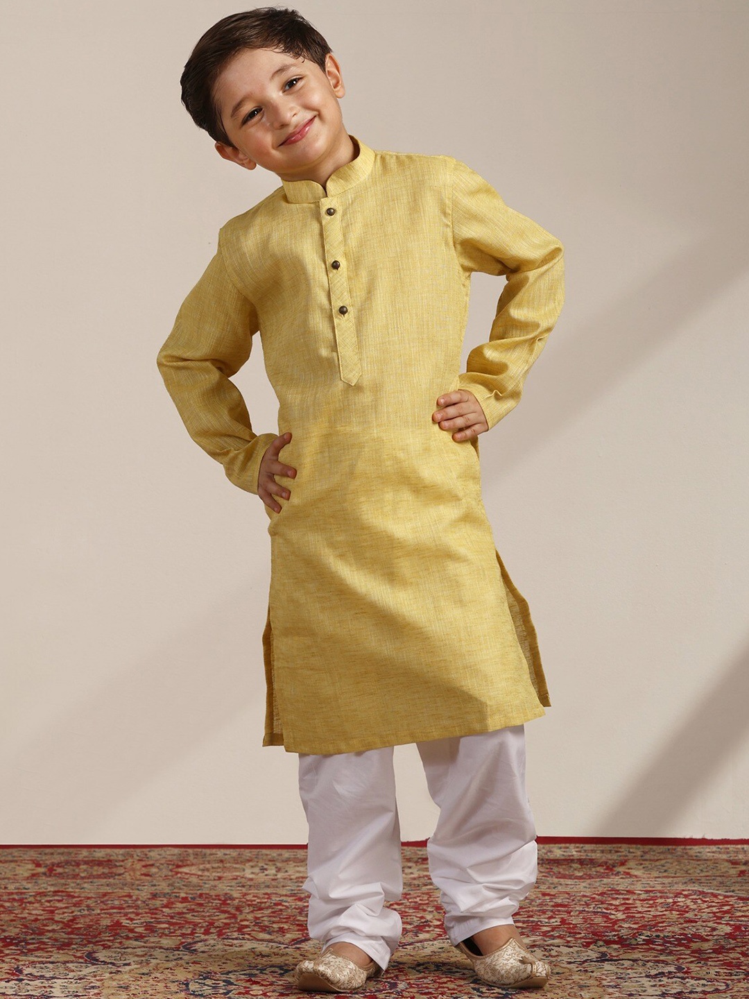

Manyavar Boys Mandarin Collar Regular Kurta with Pyjamas, Yellow