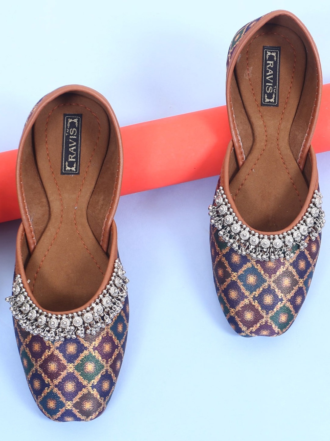 

Ravis Ethnic Embellished Printed Square Toe Mojaris, Navy blue