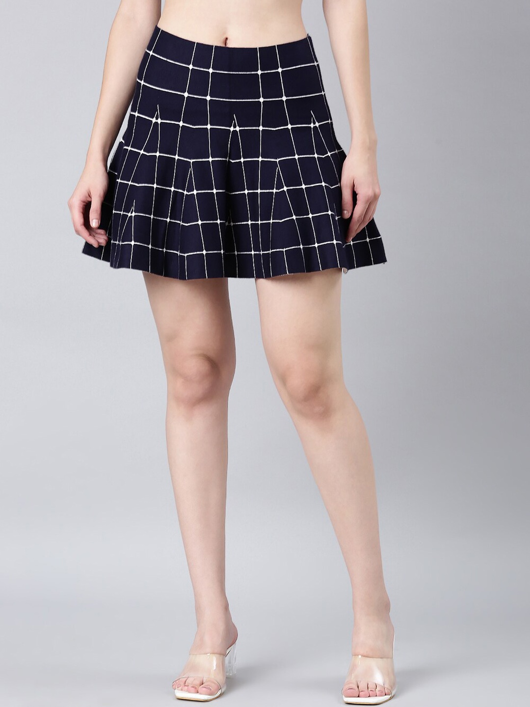 

SHOWOFF Checked Flared Mini Skirt, Navy blue