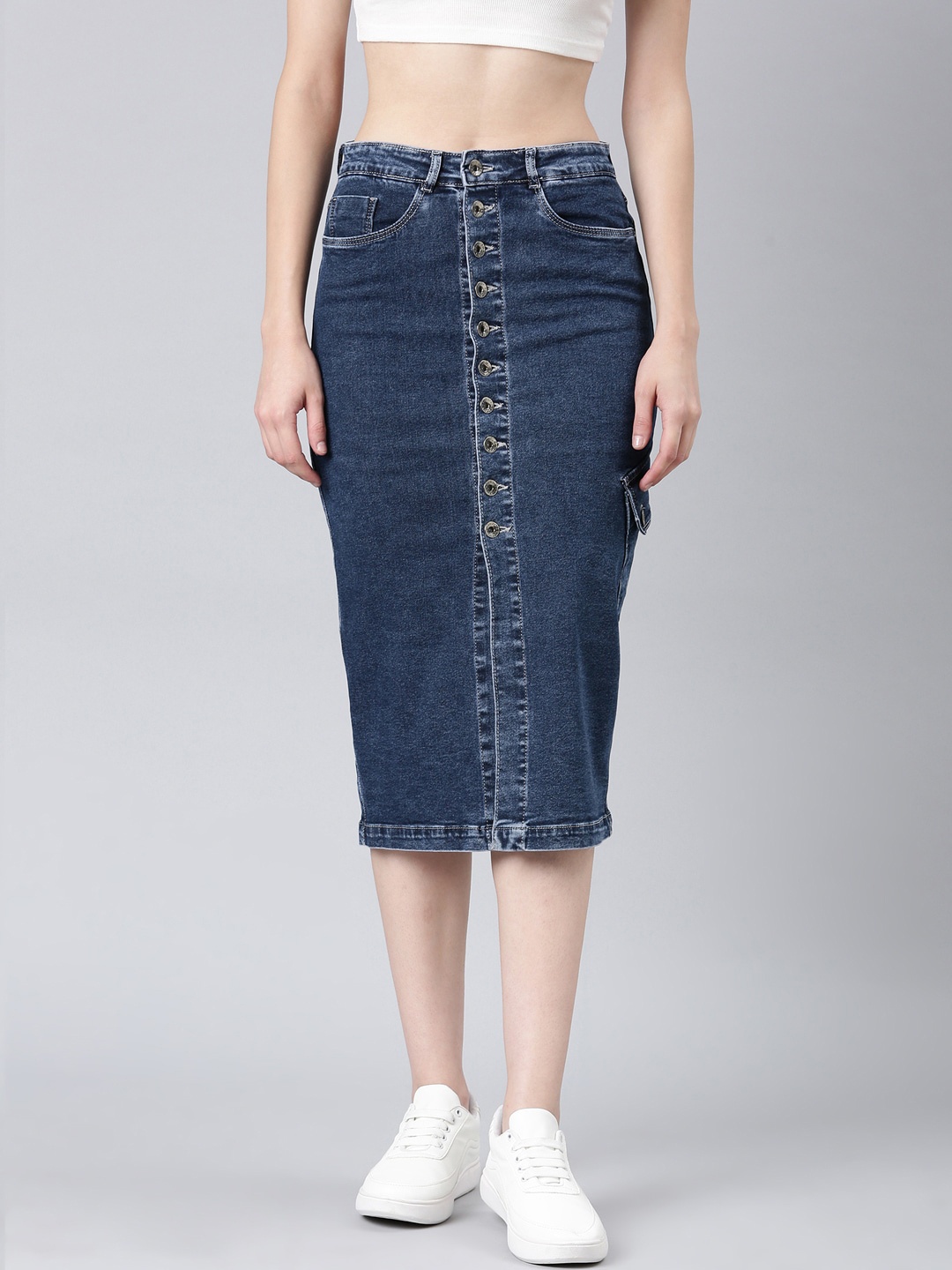 

SHOWOFF Button-Down Denim Pencil Midi Skirt, Blue