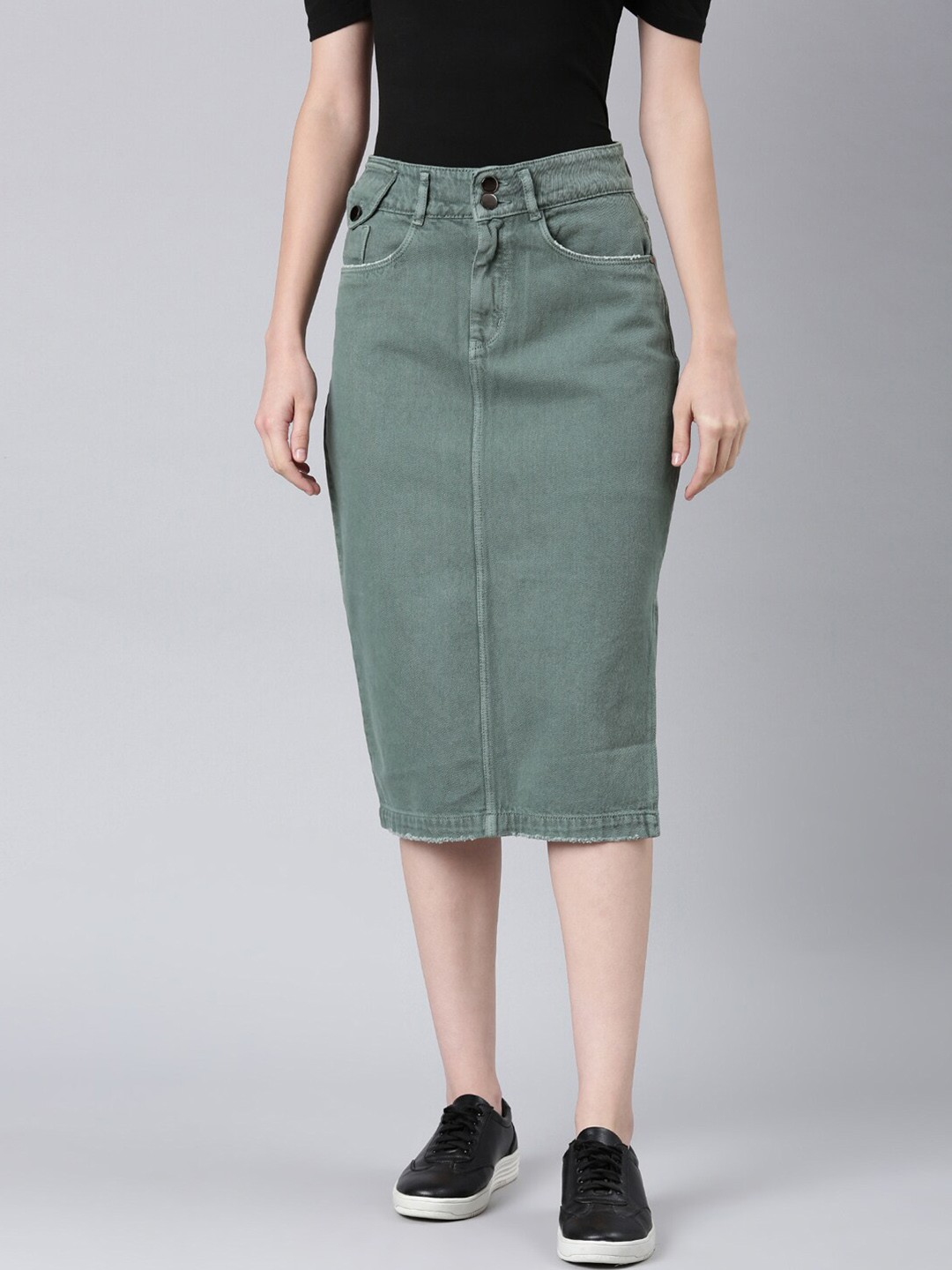 

SHOWOFF Denim Pencil Midi Skirt, Green