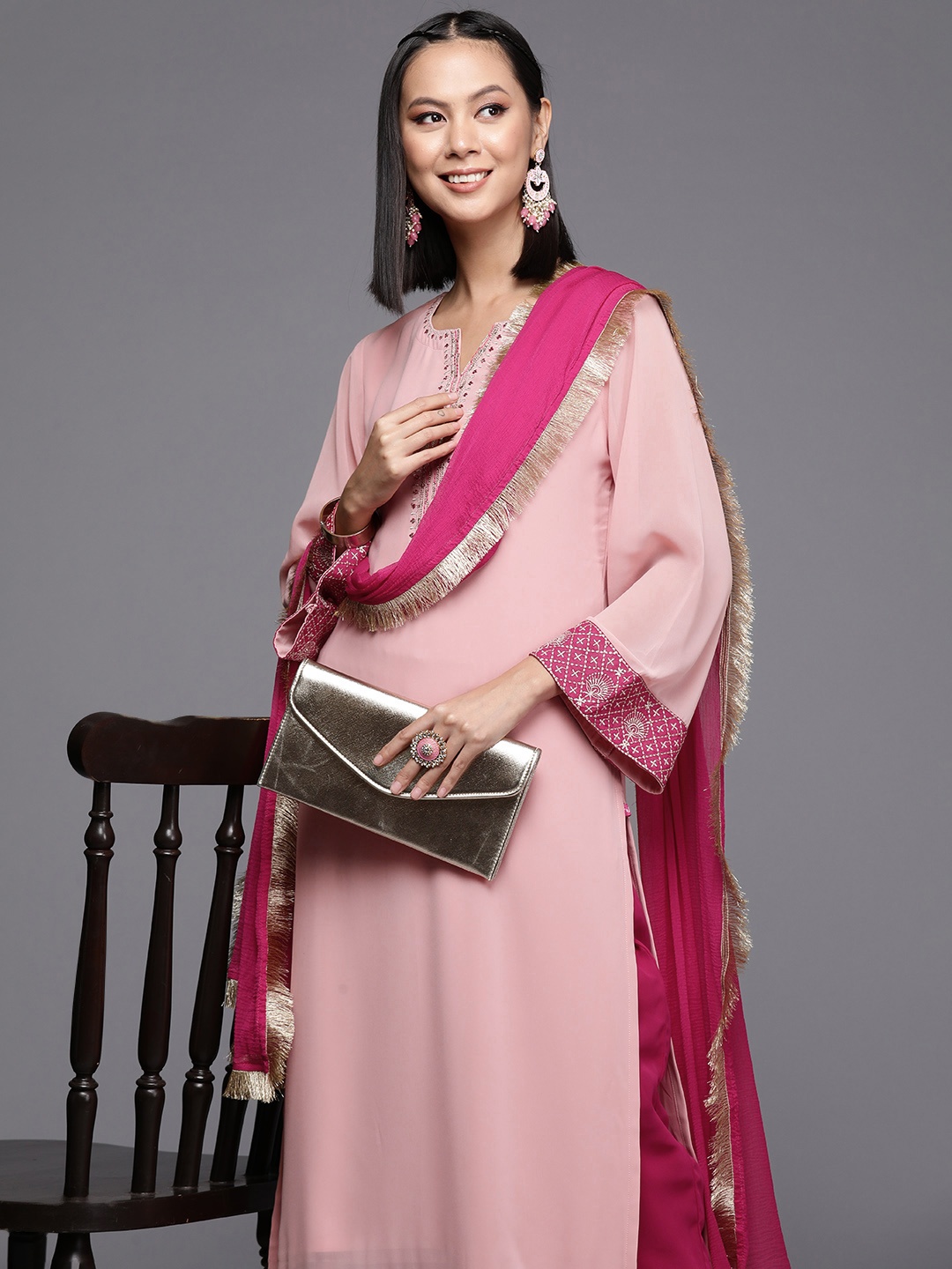 

Varanga Women Floral Embroidered Sequinned Silk Georgette Kurta with Trousers & Dupatta, Pink