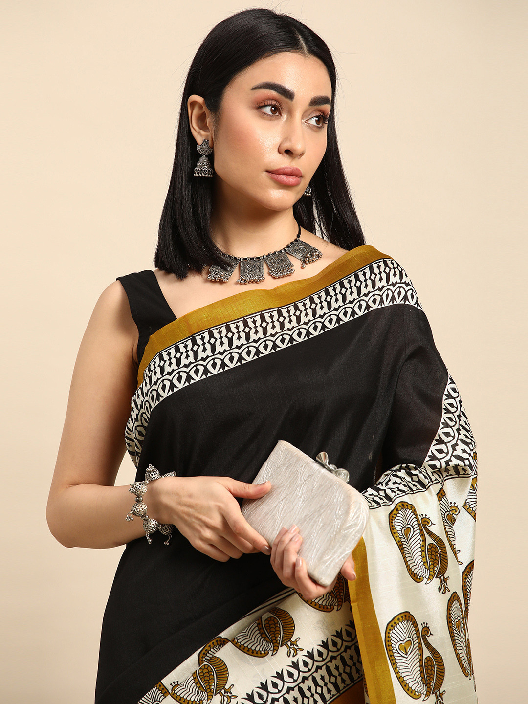 

Kalyan Silks Ethnic Motifs Printed Pure Silk Tussar Saree, Black