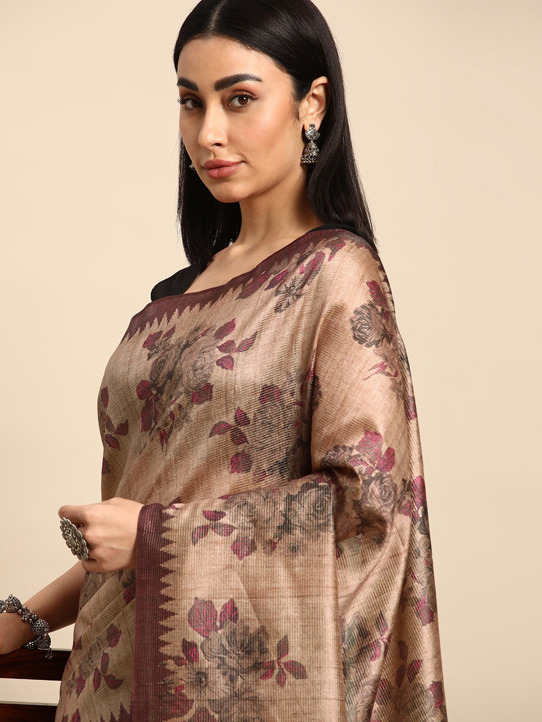 

Kalyan Silks Floral Woven Design Pure Silk Tussar Saree, Brown