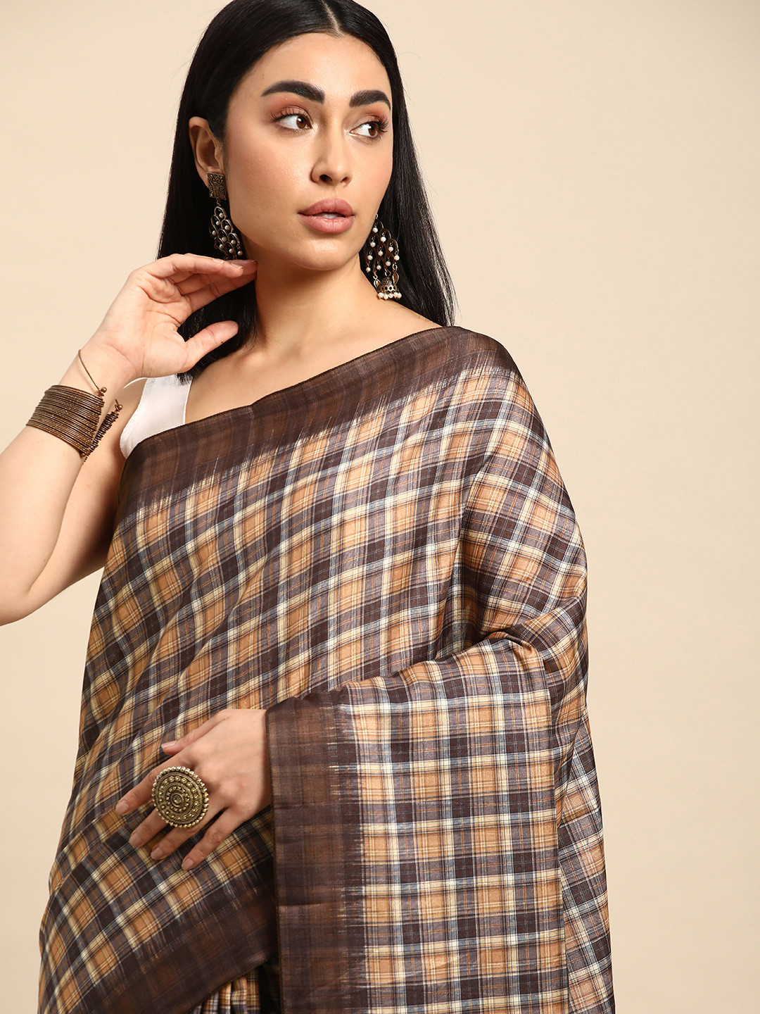 

Kalyan Silks Checked Pure Silk Tussar Saree, Brown