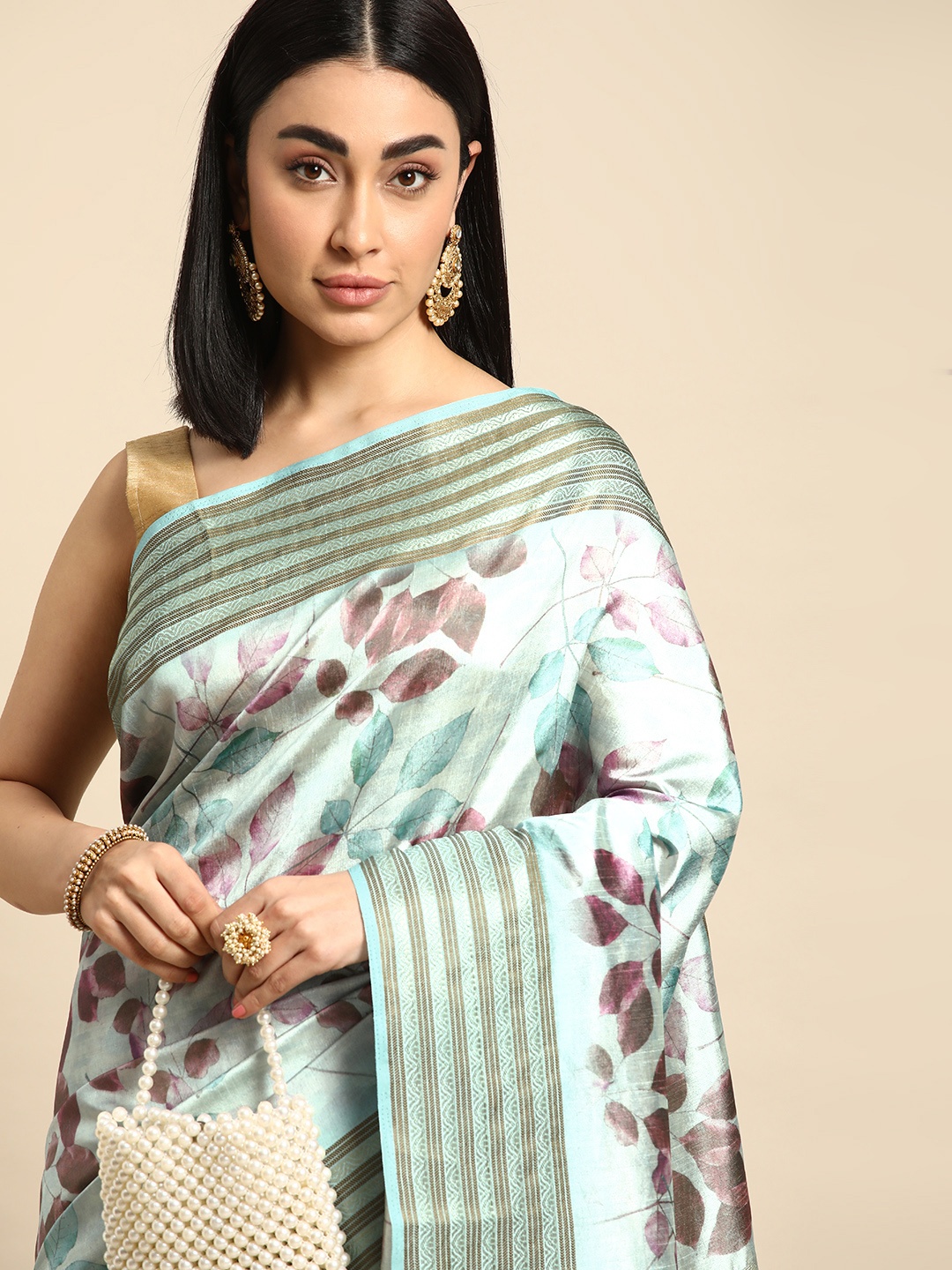 

Kalyan Silks Floral Zari Pure Silk Tussar Saree, Turquoise blue